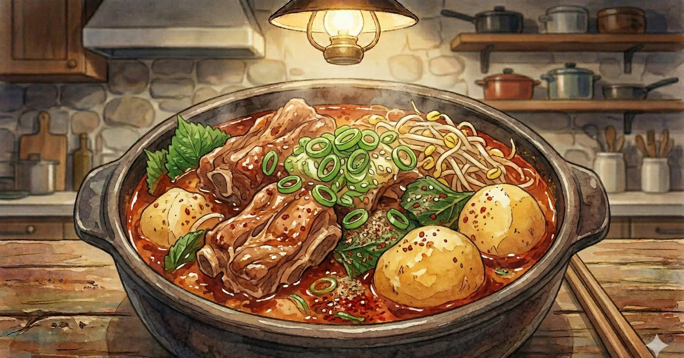 Gamjatang (Sopa de Huesos de Cerdo) — Una sopa robusta y picante con tiernos huesos de cuello de cerdo cocidos a fuego lento hasta que la carne se desprende sola al tocarla con los palillos