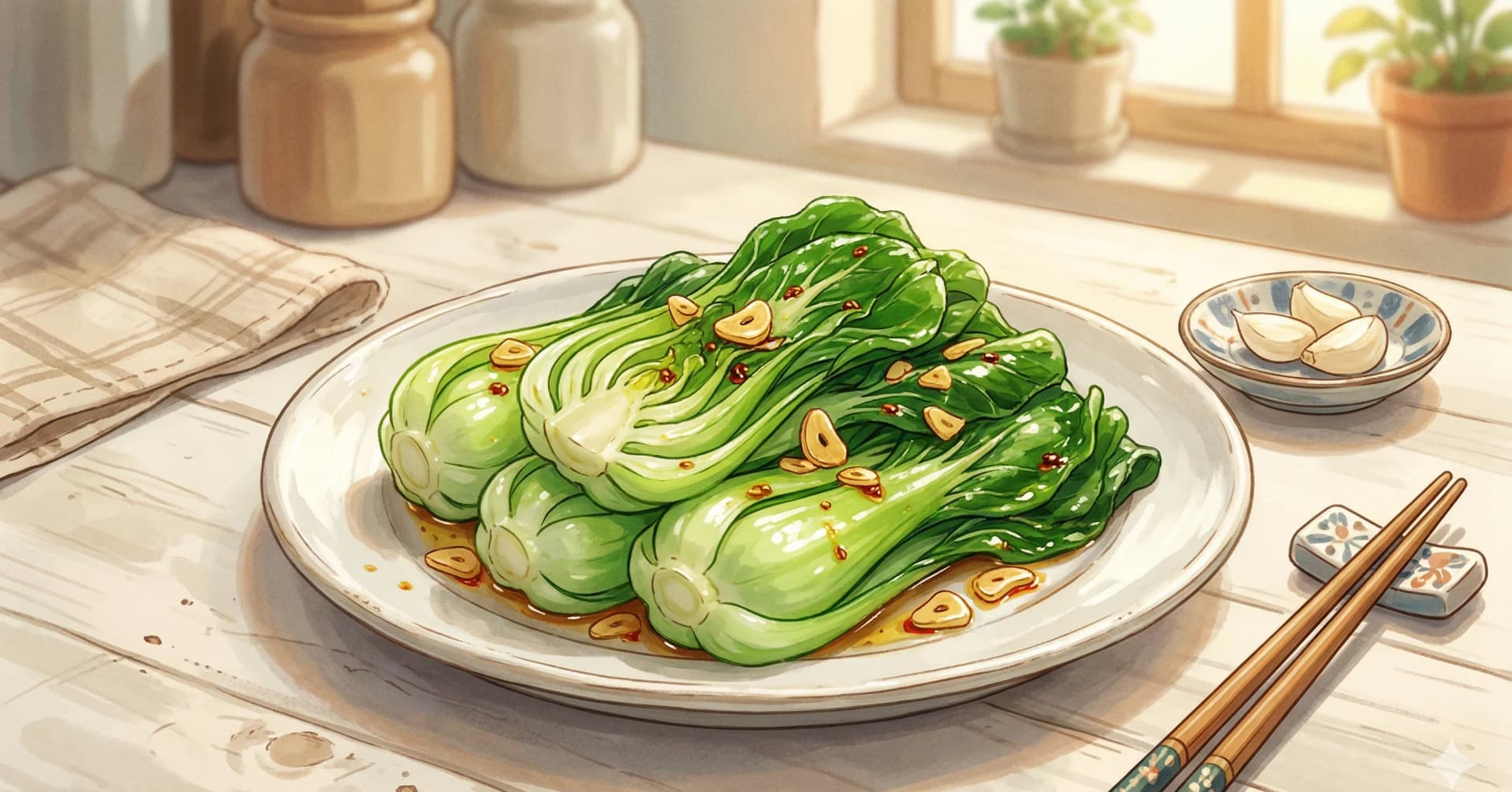 Suan Rong Chao Xiao Bai Cai (Bok Choy Salteado con Ajo) — Bok choy baby tierno salteado con ajo hasta que los tallos estén translúcidos y las hojas apenas marchitas