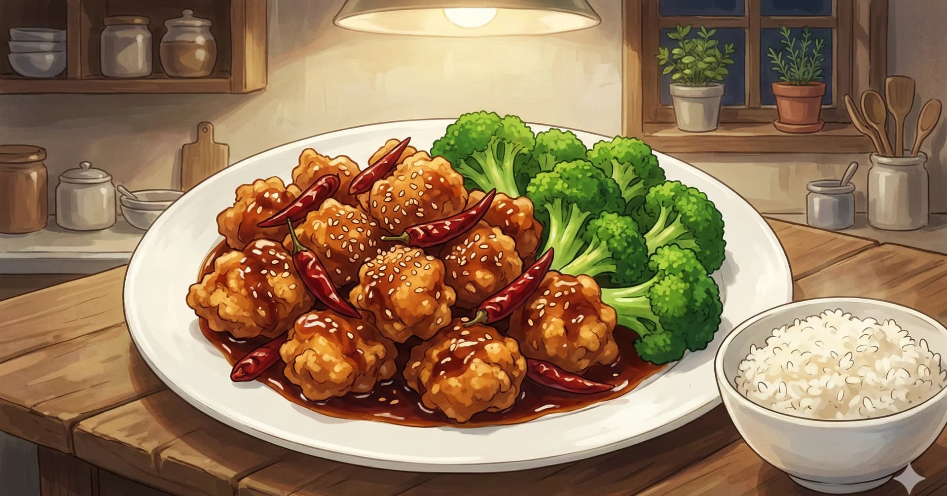 General Tso's Chicken (左宗棠鸡) — Double-fried crispy chicken thighs in a sweet, tangy, subtly spicy sauce with dried chilies and broccoli, the Chinese-American takeout legend
