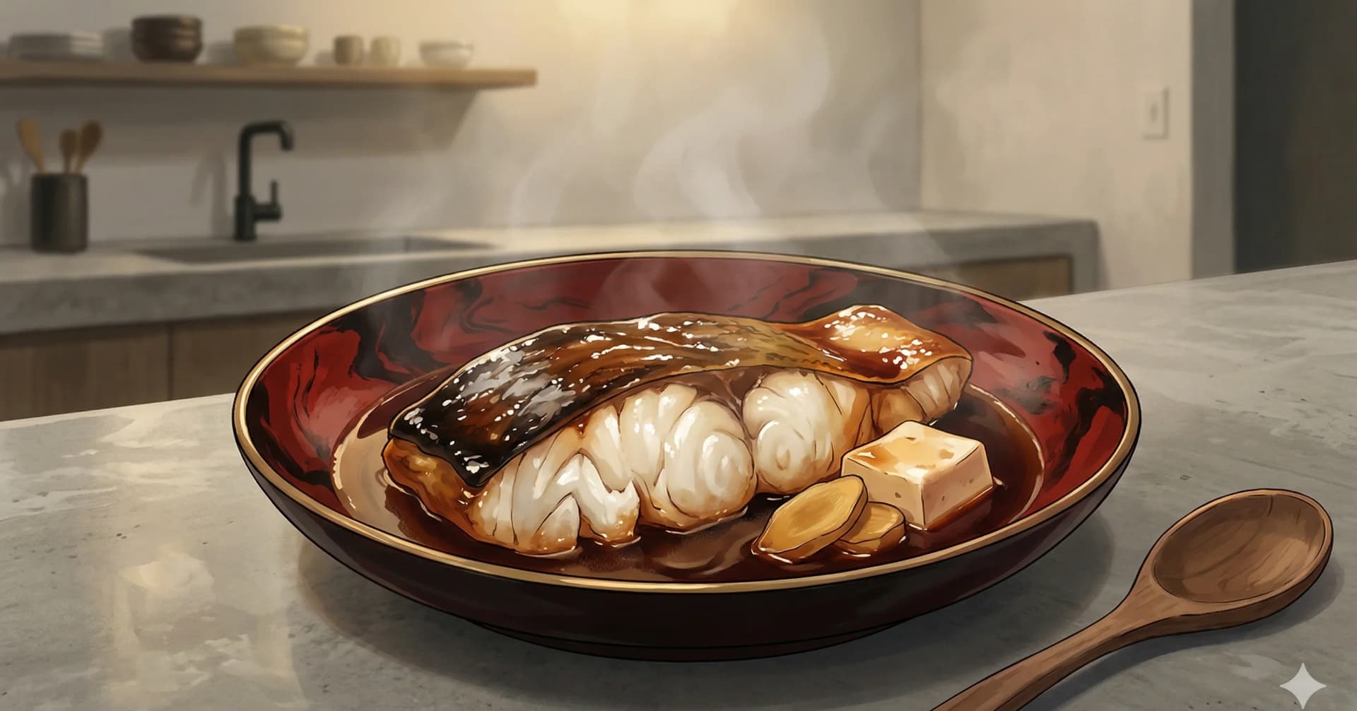 Simmered Black Cod (Gindara Nitsuke / 銀ダラ煮付け) — Black cod braised in sake, mirin, and soy sauce until glazed, the Japanese technique that makes any fish extraordinary