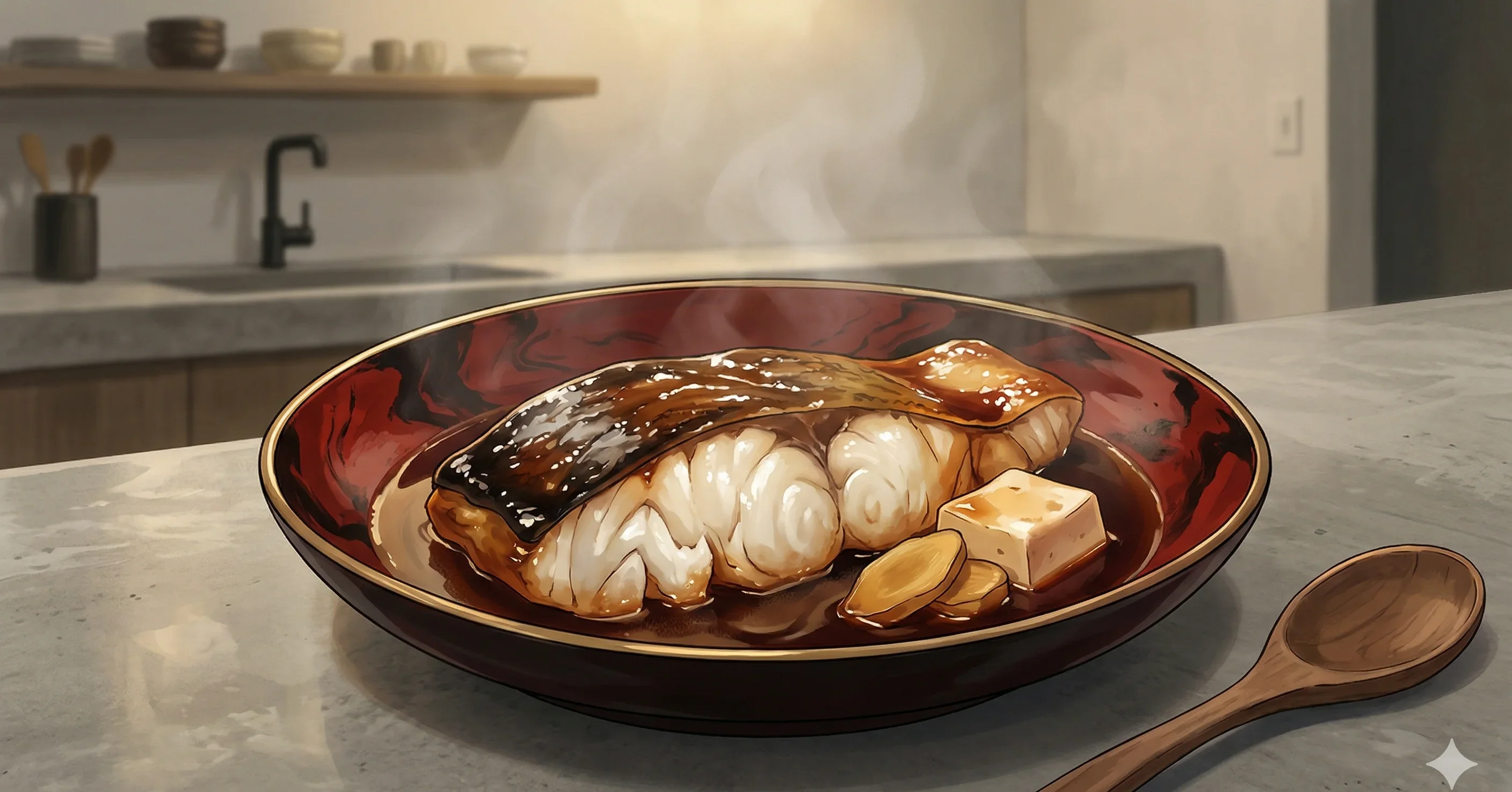 Simmered Black Cod (Gindara Nitsuke / 銀ダラ煮付け) — Black cod braised in sake, mirin, and soy sauce until glazed, the Japanese technique that makes any fish extraordinary