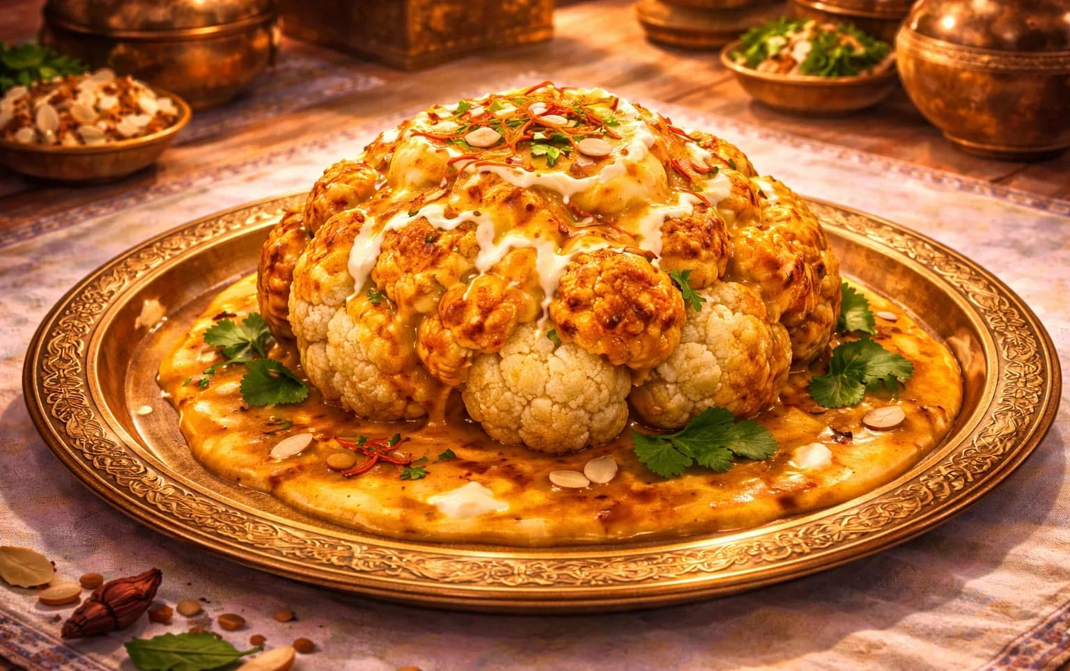 Gobi Mussallam — A whole cauliflower braised in Mughal gold