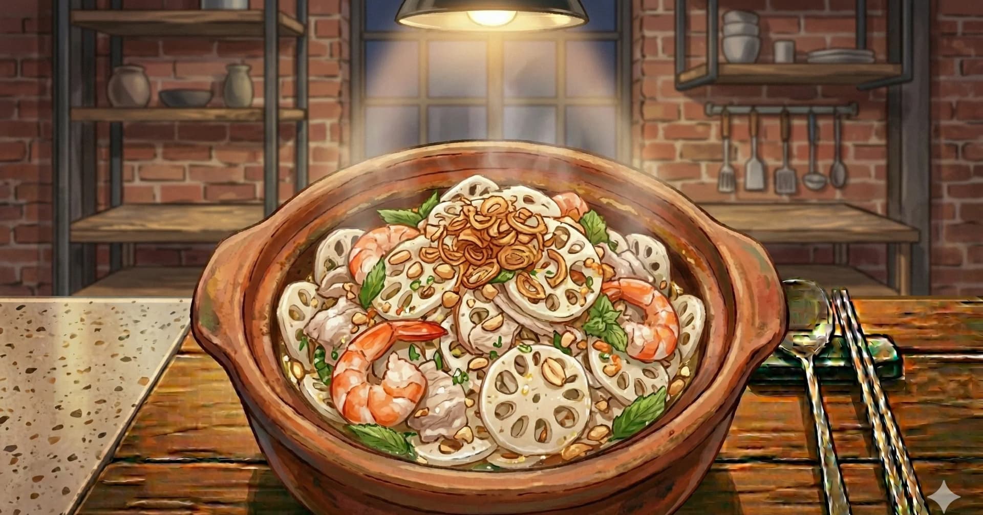 Ensalada de Raíz de Loto con Camarón (Gỏi Ngó Sen Tôm Thịt) — Ensalada vietnamita de tallos de loto con camarones, panceta de cerdo, verduras en escabeche y un aderezo picante de salsa de pescado