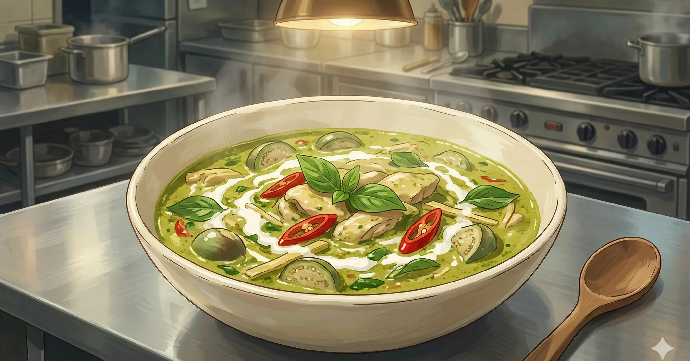 Gaeng Kiew Waan Gai (Thai Green Curry with Chicken) — Thailand's beloved coconut curry, fragrant with green chilies, makrut lime, and Thai basil over tender braised chicken thighs