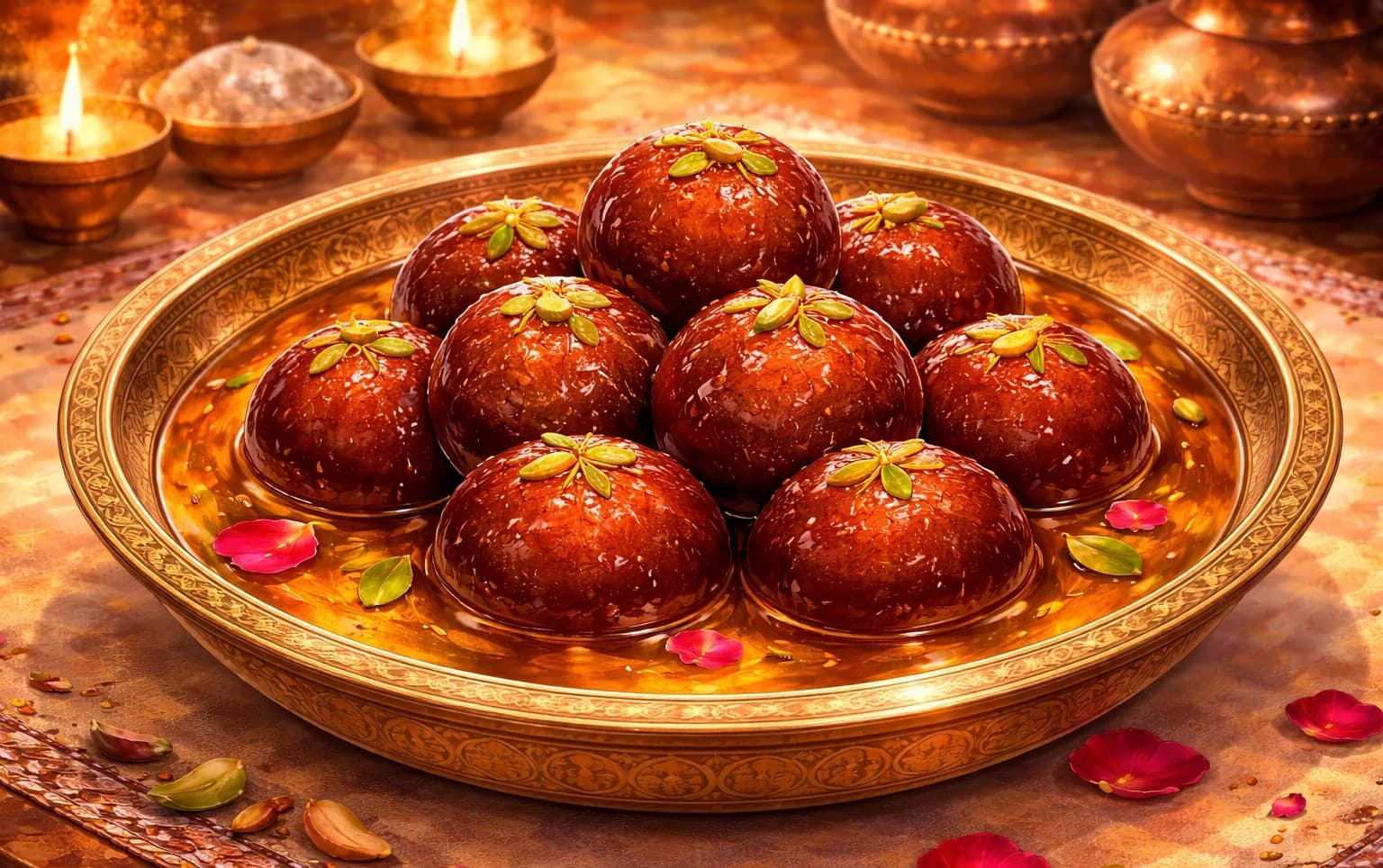 Gulab Jamun — Deep-fried khoya dumplings soaked in saffron and rose cardamom syrup