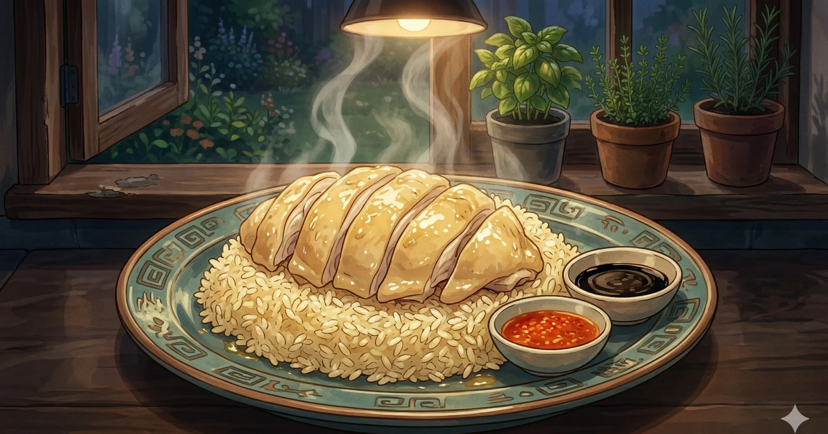 Hainanese Chicken Rice — Silky poached chicken and fragrant ginger-garlic rice with chili-lime sauce, the hawker dish that defines Malaysian comfort food