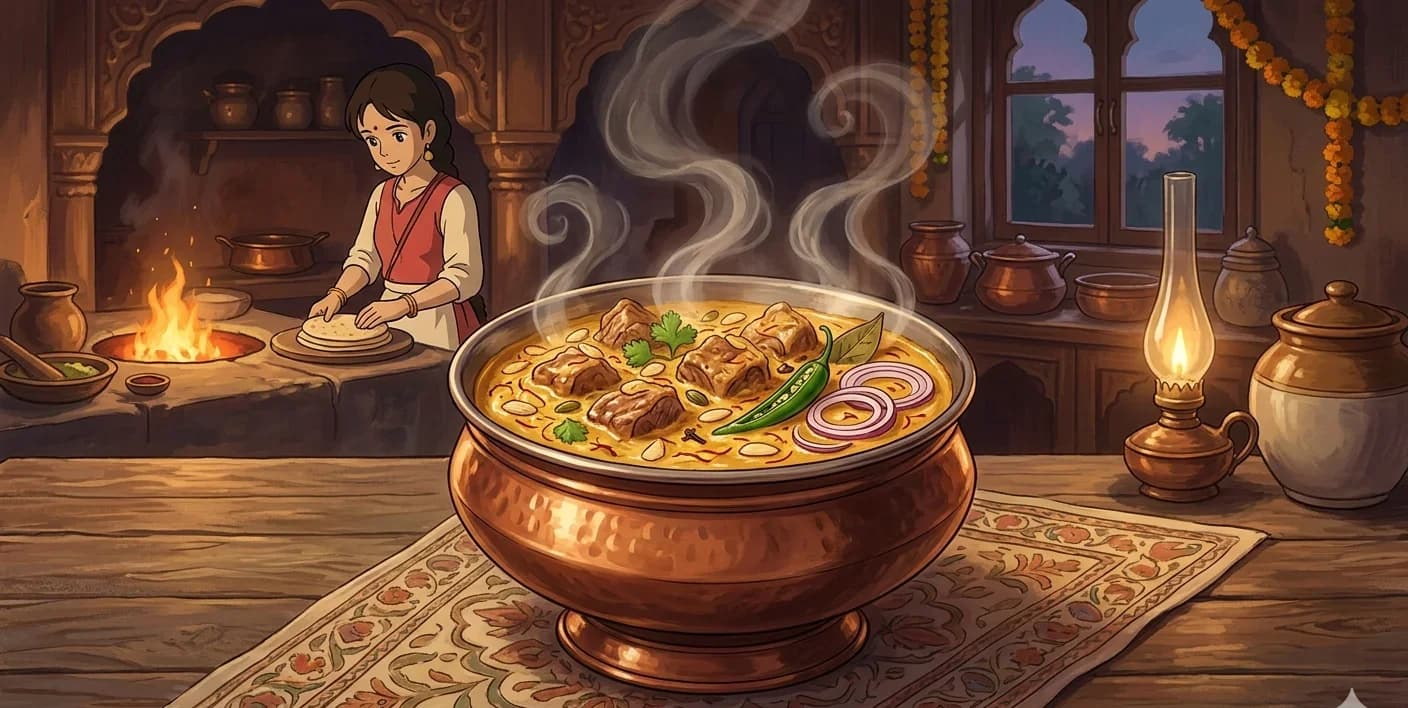 Handi Gosht Korma — Slow-braised lamb in a saffron-almond korma, cooked sealed in a handi