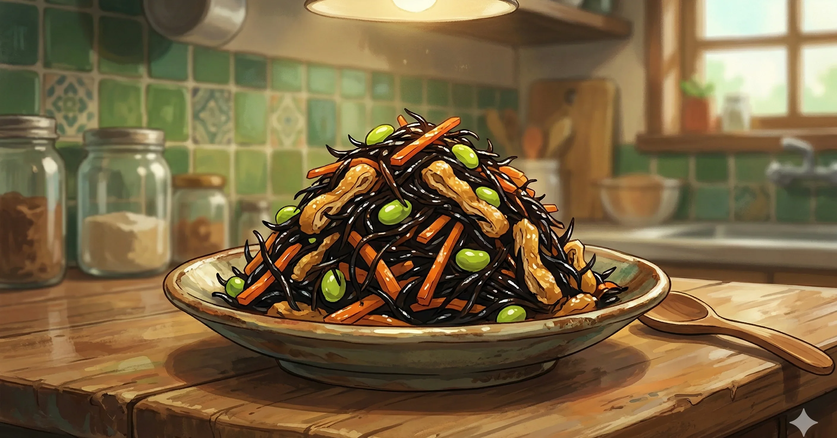 Hijiki Seaweed Salad (Hijiki no Nimono) — Tender strands of wild sea vegetable simmered with vegetables and tofu in a sweet soy broth
