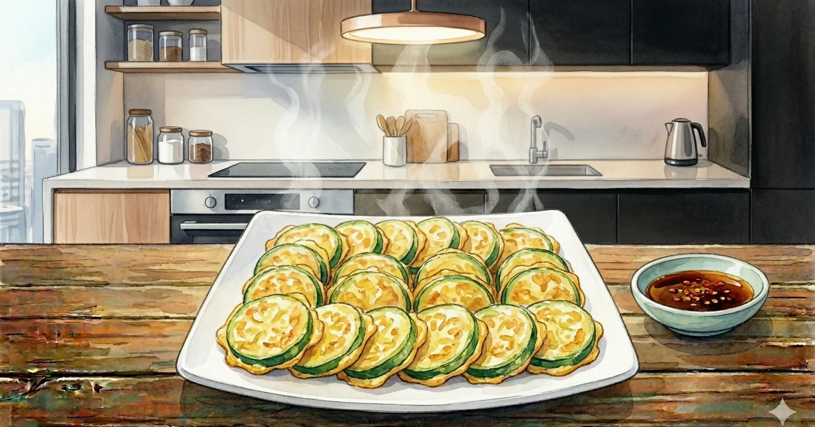 Hobak Jeon (Pan-Fried Zucchini) — Thin zucchini rounds dipped in egg and pan-fried to a gentle golden finish