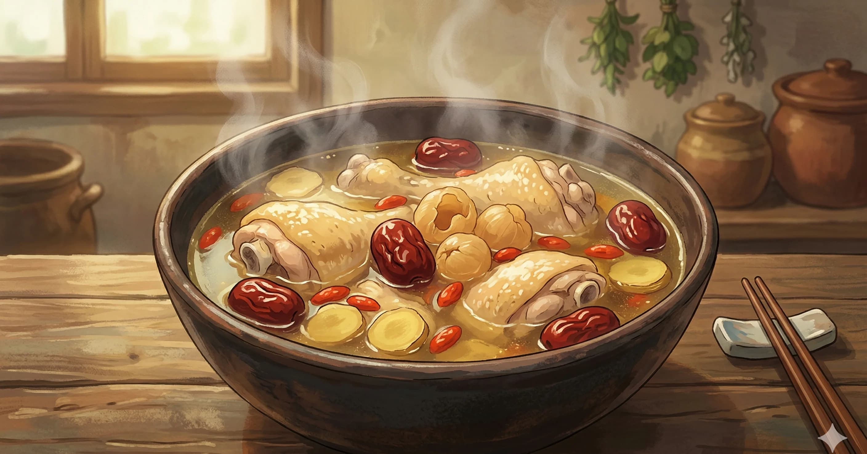 Hong Zao Ji Tang (Red Date Chicken Soup) — A sweet, deeply nourishing broth where red dates and dried longan perfume every spoonful
