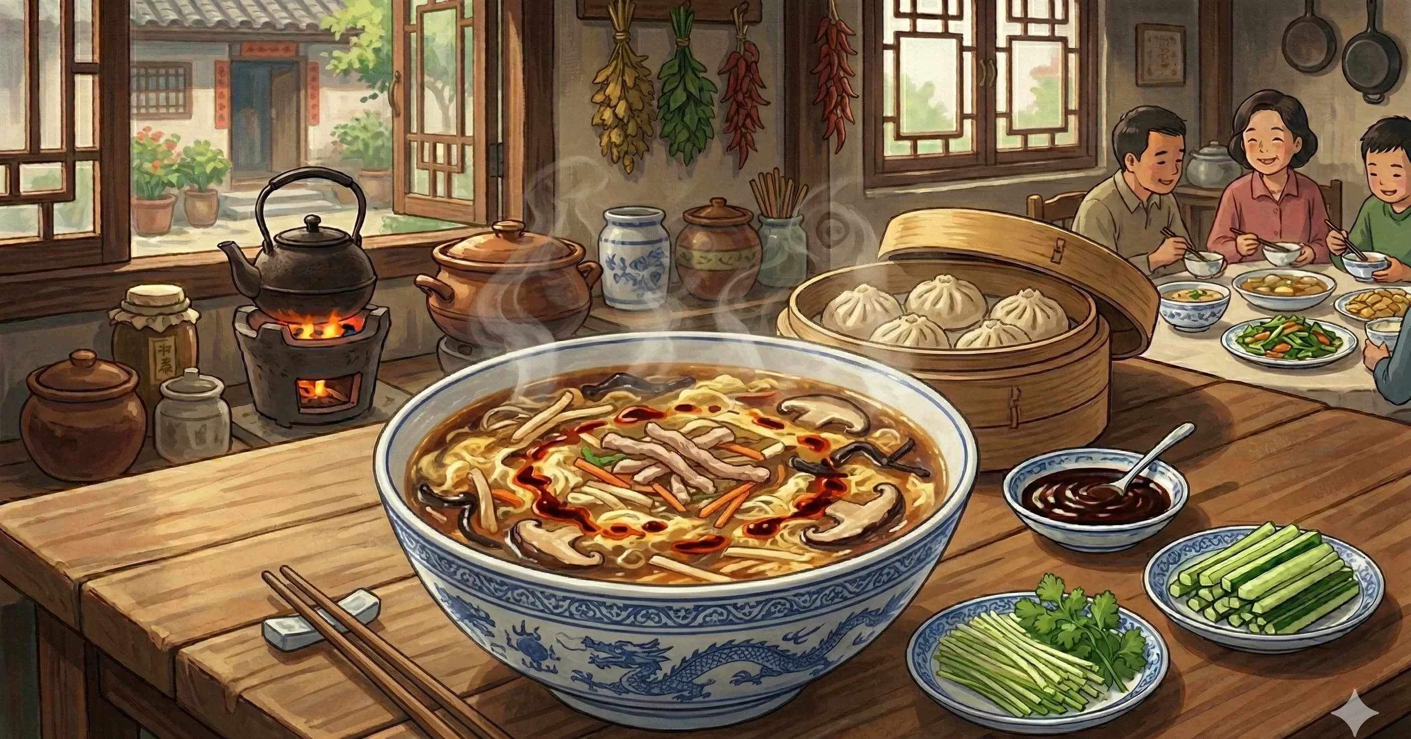 Suan La Tang (Hot and Sour Soup) — A glossy, tangy broth loaded with mushrooms, tofu, and silky egg ribbons