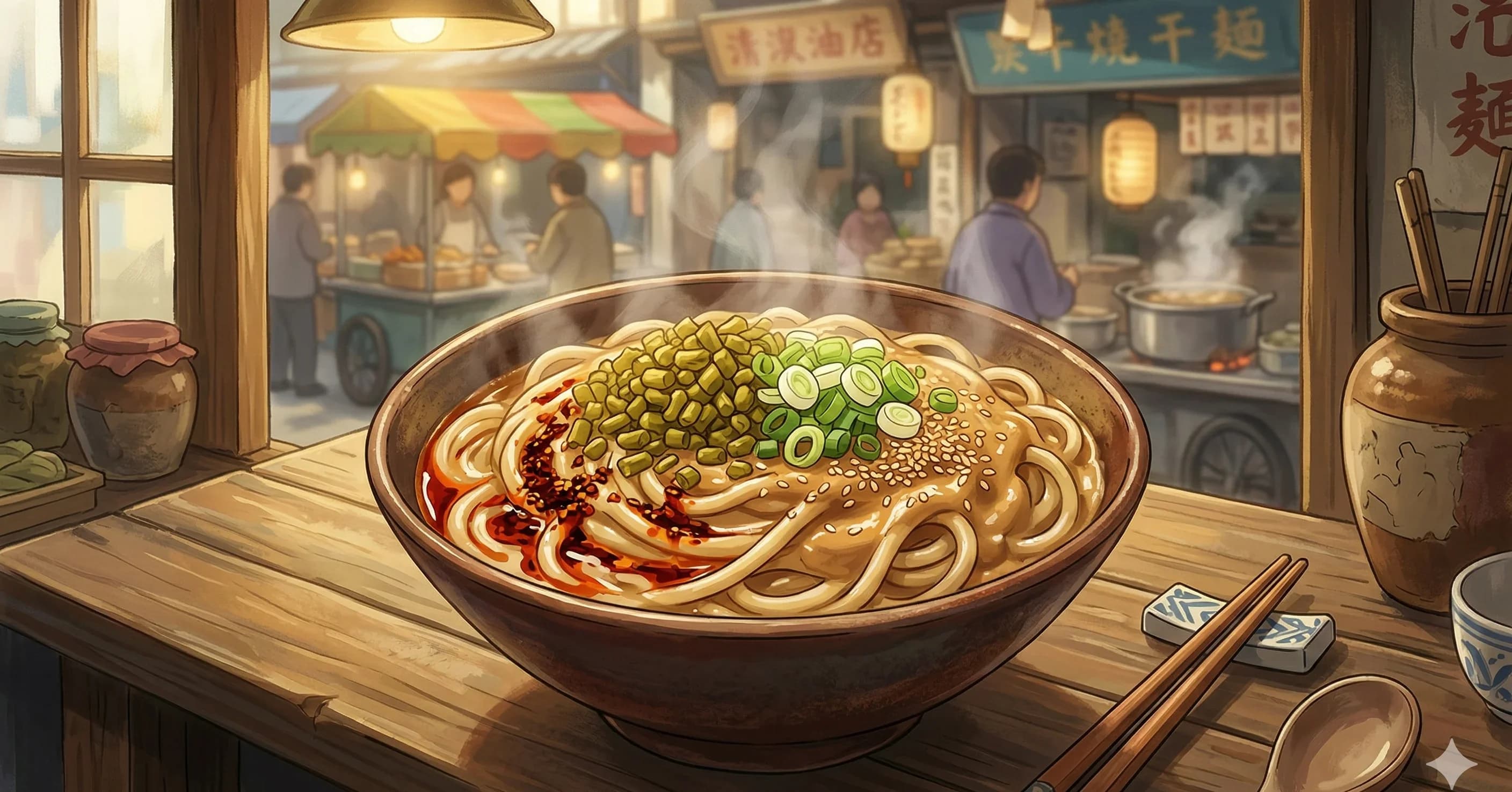 Re Gan Mian (Hot Dry Noodles) — Wuhan's signature noodles tossed in sesame paste, soy sauce, pickled beans, and chili oil