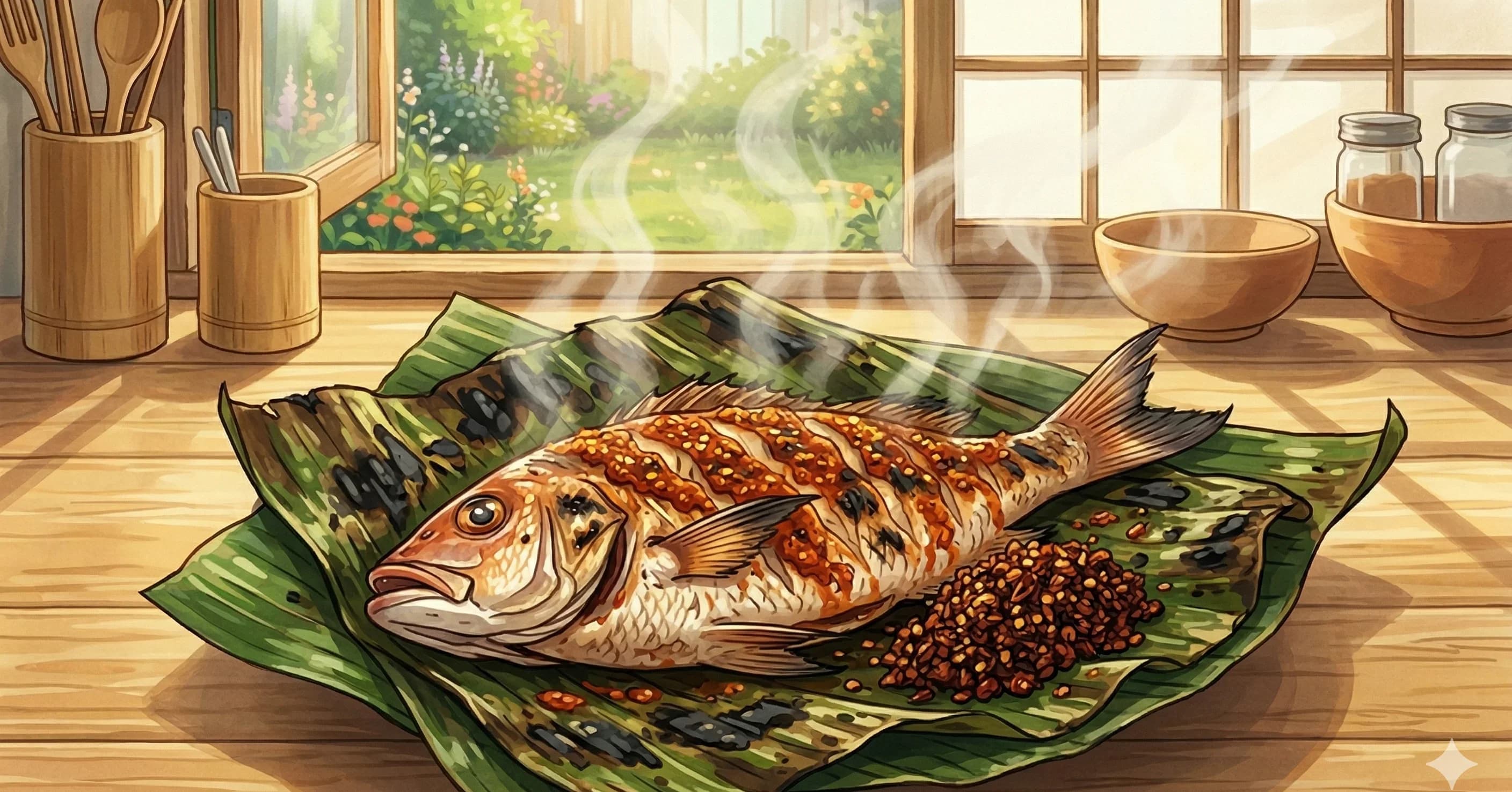 Ikan Bakar (Malaysian Grilled Fish in Banana Leaves) — Whole snapper grilled in banana leaves with a fiery, aromatic sambal paste