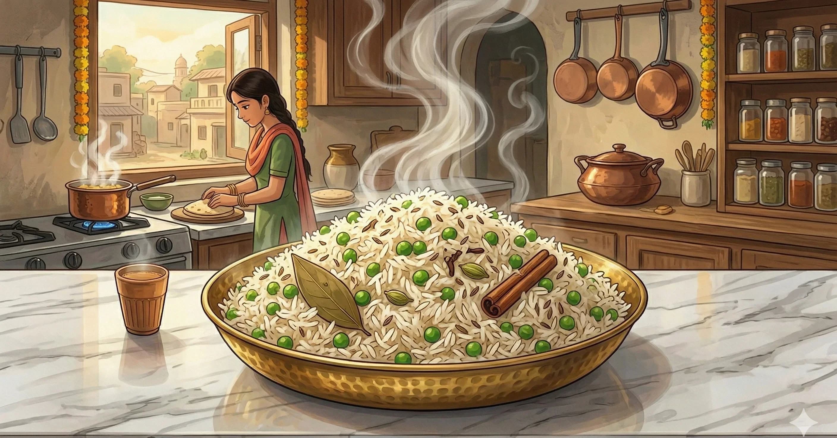 Jeera Mutter Pulao — Cumin and pea basmati rice with whole spices