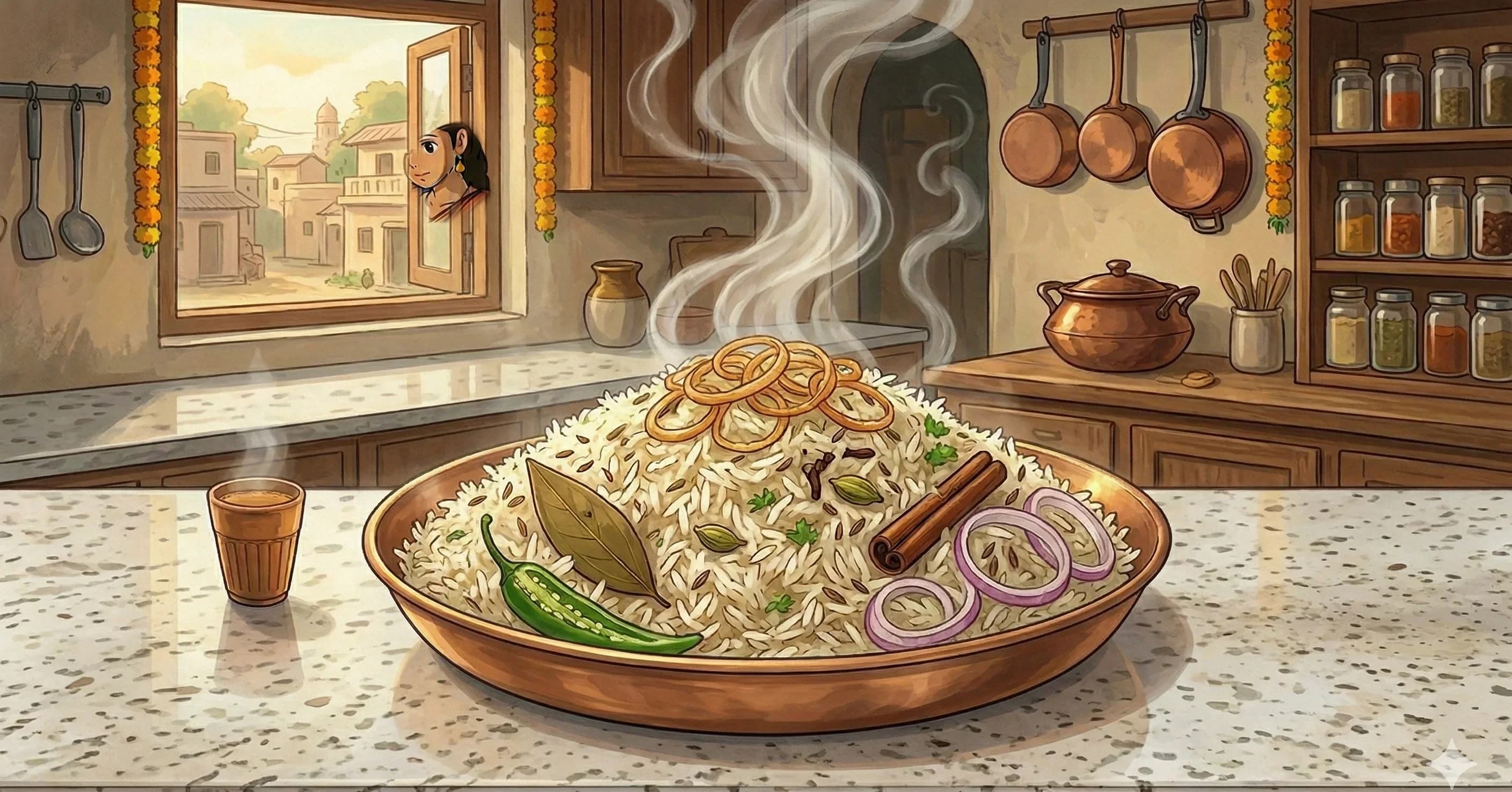 Jeera Pulao — Cumin-scented basmati rice with whole spices and golden onion