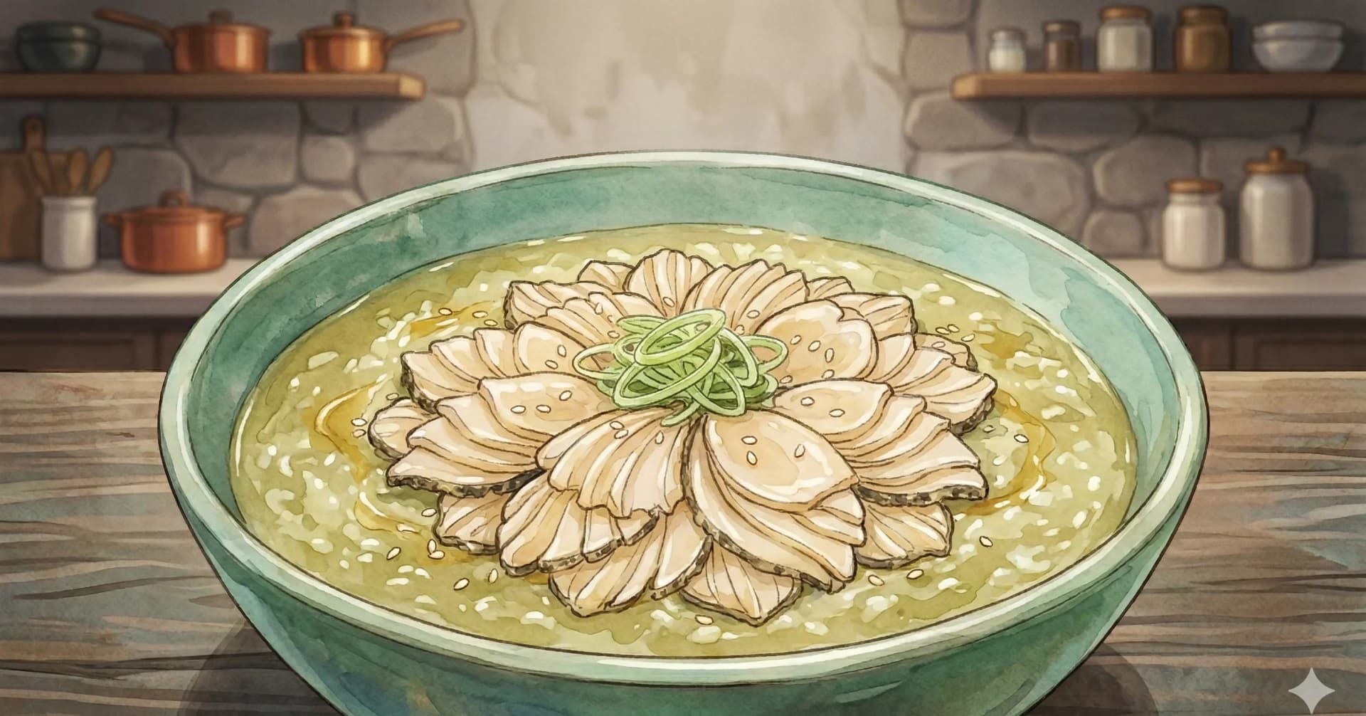 Jeonbokjuk (Abalone Porridge) — A silky rice porridge cooked with abalone and its nutrient-rich viscera until the broth turns pale green