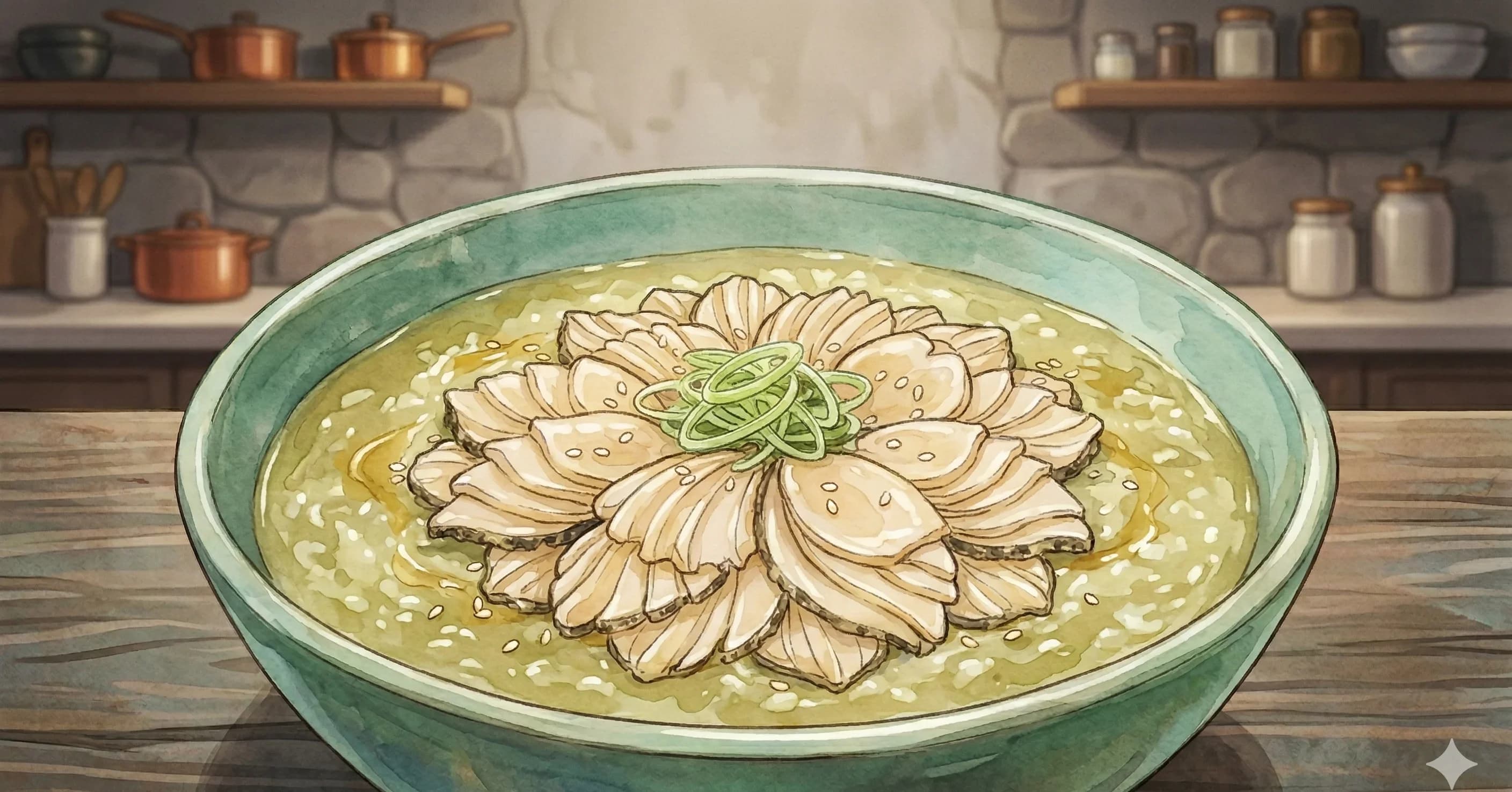 Jeonbokjuk (Abalone Porridge) — A silky rice porridge cooked with abalone and its nutrient-rich viscera until the broth turns pale green