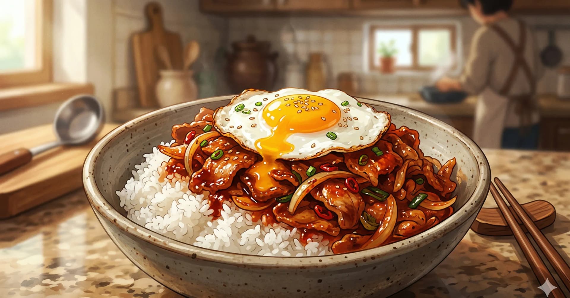 Spicy Pork Rice Bowl (Jeyuk-Deopbap / 제육덮밥) — Spicy gochujang pork and vegetables stir-fried and served over steamed rice, a Korean one-bowl meal