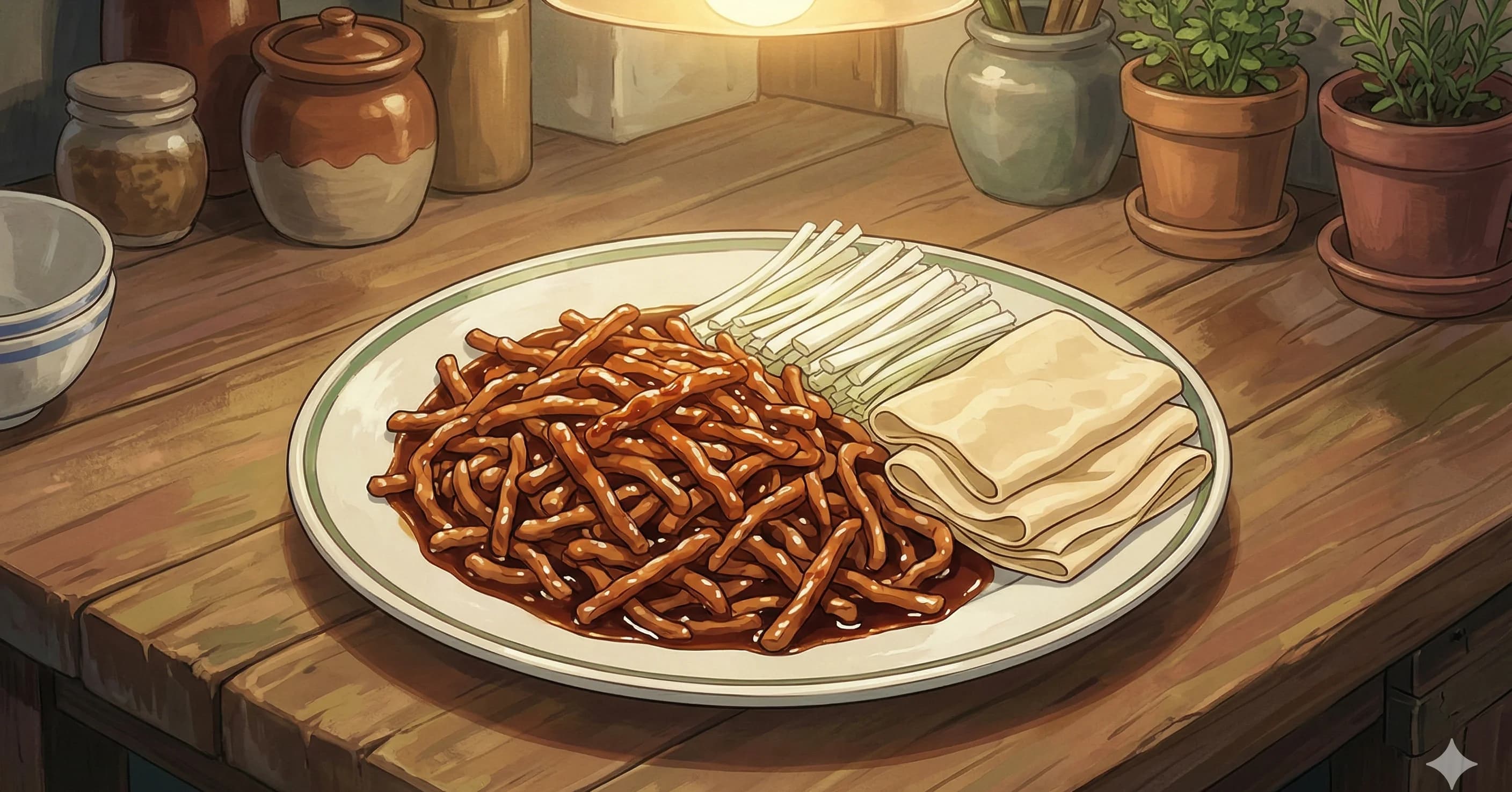 Jing Jiang Rou Si (京酱肉丝) — Beijing-style shredded pork tenderloin stir-fried in sweet bean sauce, wrapped in tofu skin with raw scallion strips, the home cook's Peking duck