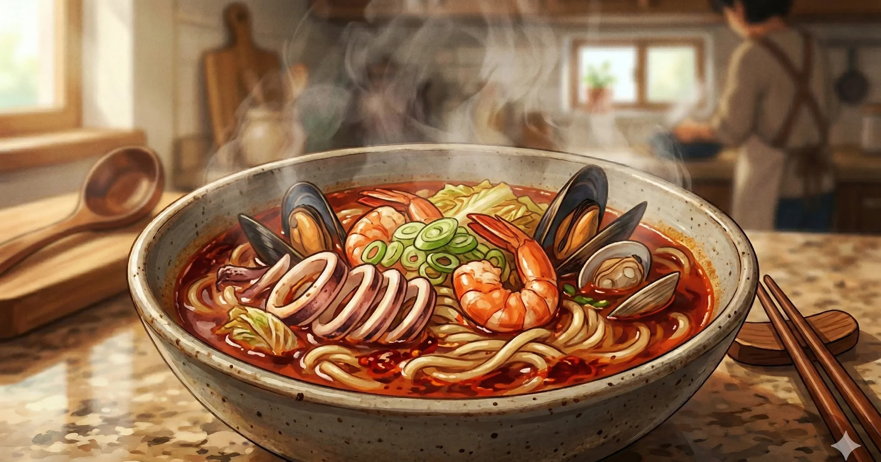 Jjamppong (Spicy Seafood Noodle Soup) — A blazing red broth loaded with seafood, vegetables, and chewy wheat noodles