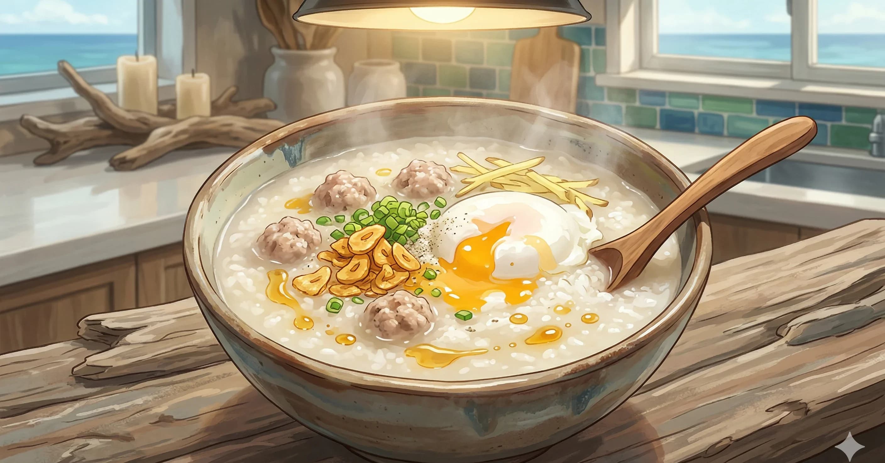 Jok (Thai Rice Congee with Pork Meatballs)