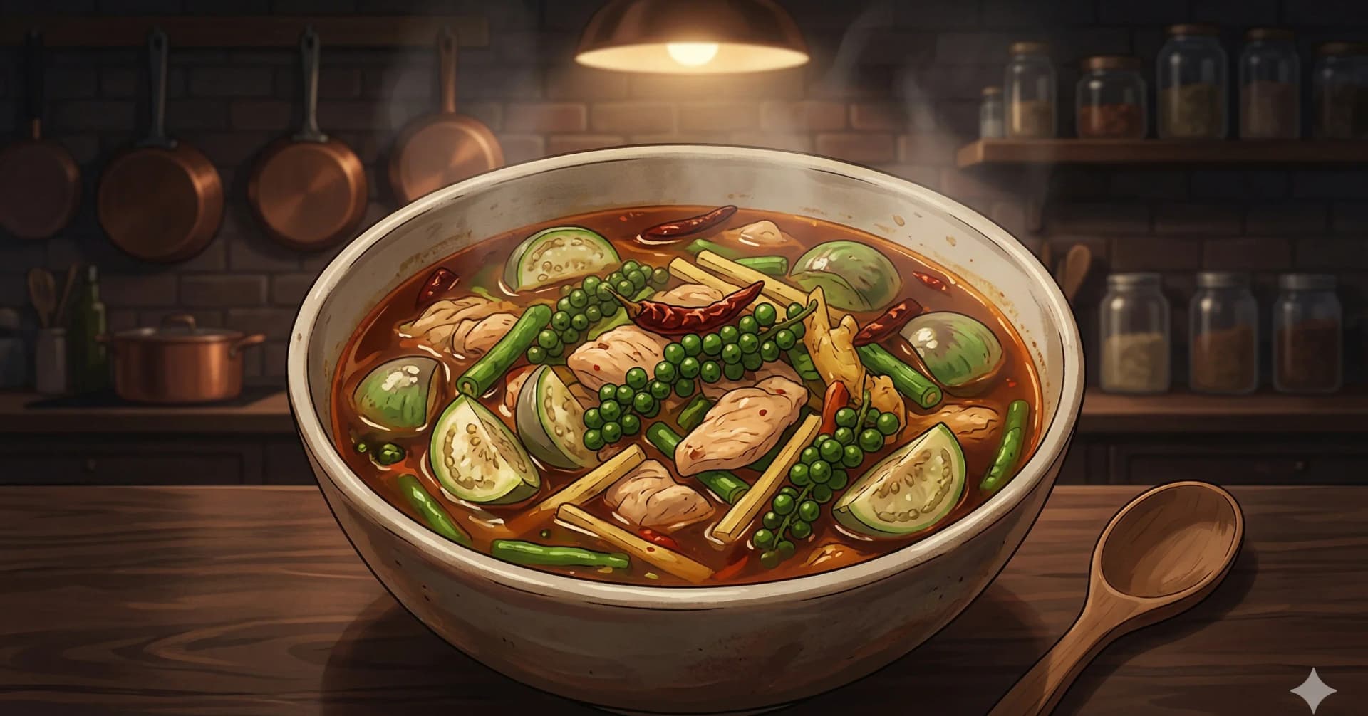 Gaeng Pa Gai (Thai Jungle Curry with Chicken) — A fiery, coconut-free Thai curry loaded with fresh herbs, fingerroot, and green peppercorns, built on a pounded paste of green chilies and dried spices