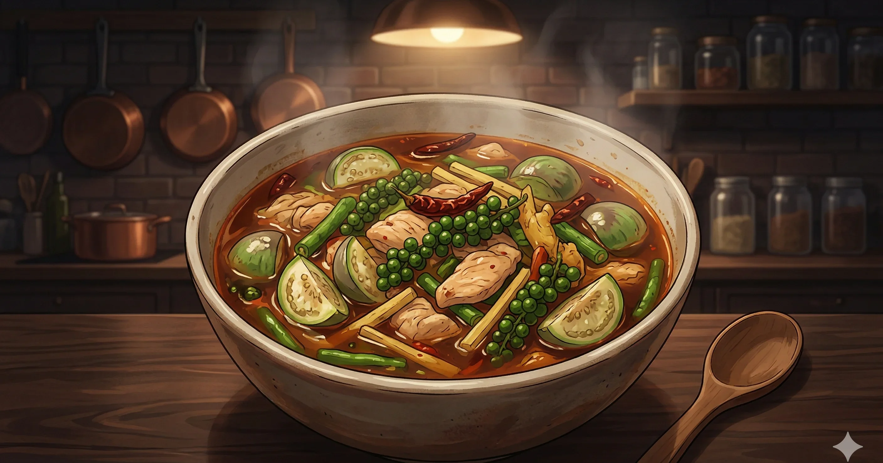 Gaeng Pa Gai (Thai Jungle Curry with Chicken) — A fiery, coconut-free Thai curry loaded with fresh herbs, fingerroot, and green peppercorns, built on a pounded paste of green chilies and dried spices