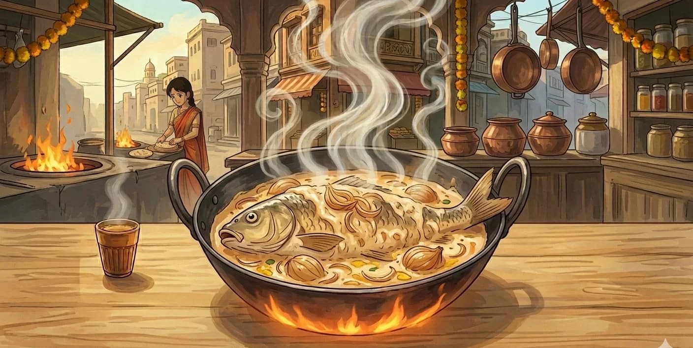 Kaanta Gali Machli — Whole fish de-boned, stuffed with its own spiced masala, and slow-cooked sealed for six hours