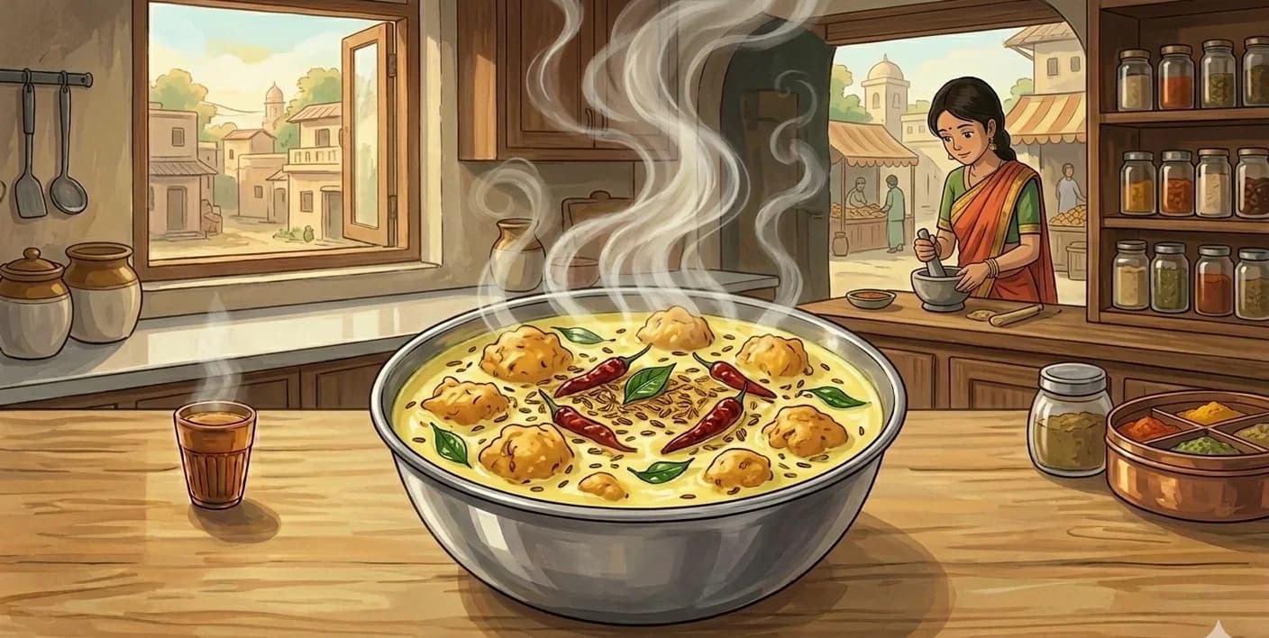 Kadhi Pakora — Tangy yogurt broth studded with crisp gram flour fritters