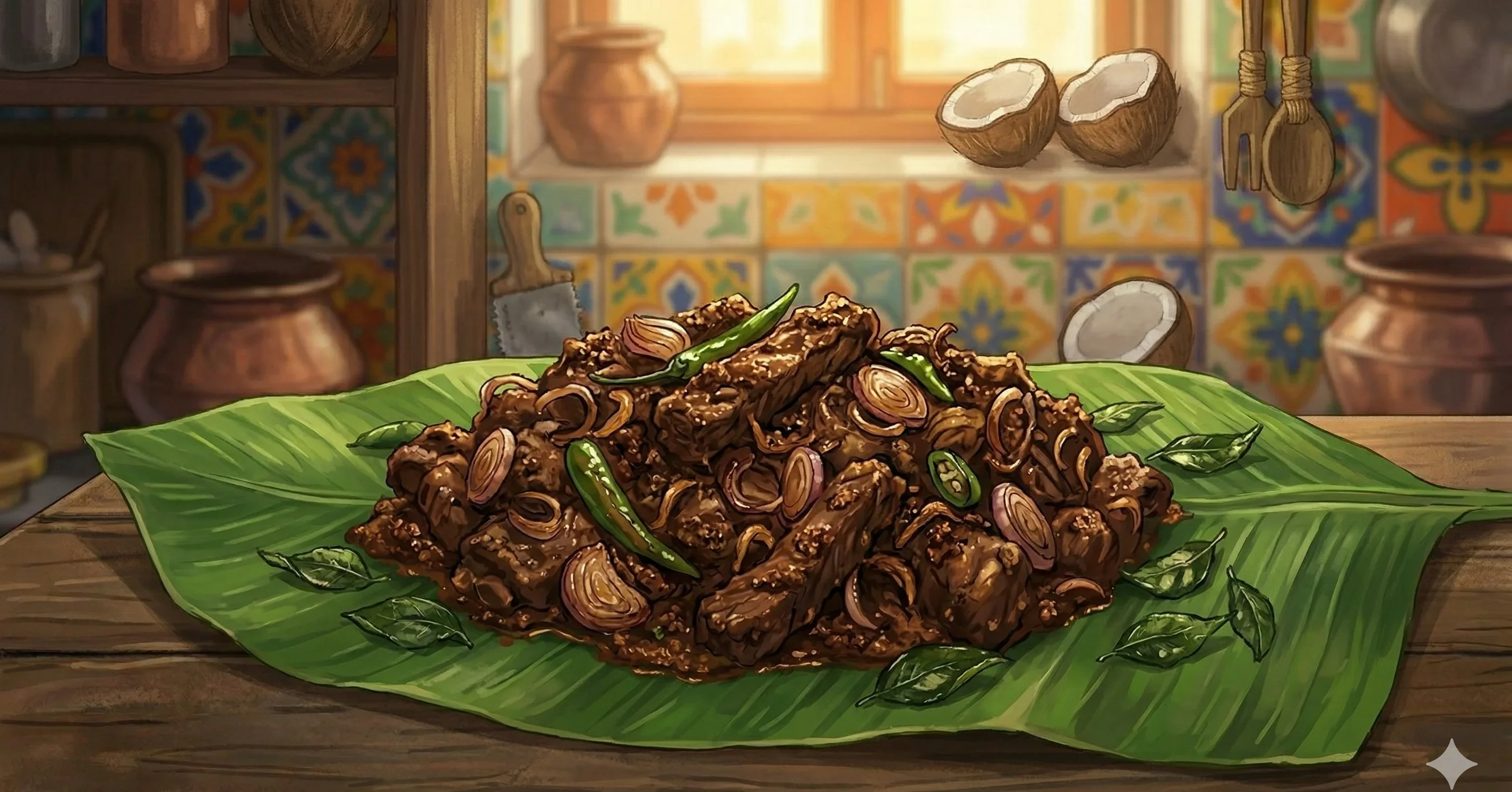 Kerala Beef Masala — Slow-braised beef in coconut oil with crushed shallots, saunf and whole spices