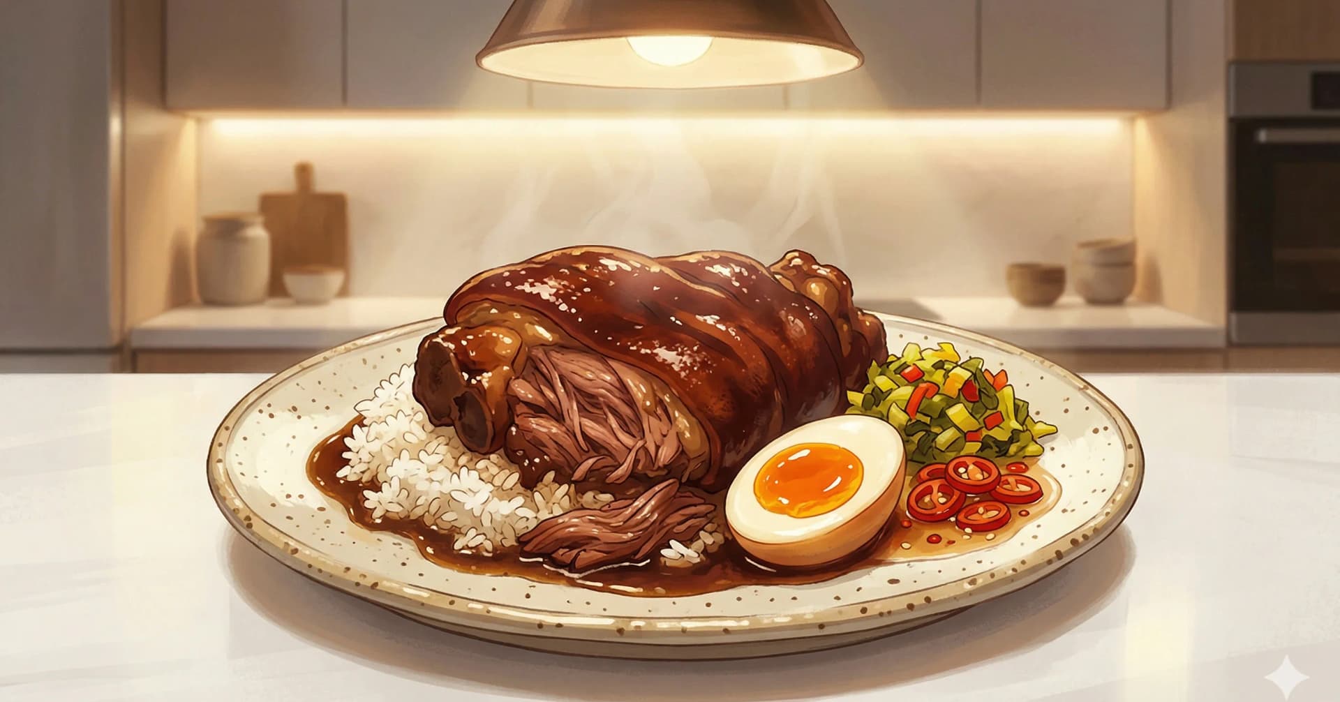 Pierna de Cerdo Braseada sobre Arroz (Khao Kha Moo / ข้าวขาหมู) — Pierna de cerdo braseada lentamente en un caldo oscuro de anís estrella y canela, servida sobre arroz con huevo meloso y verduras en escabeche