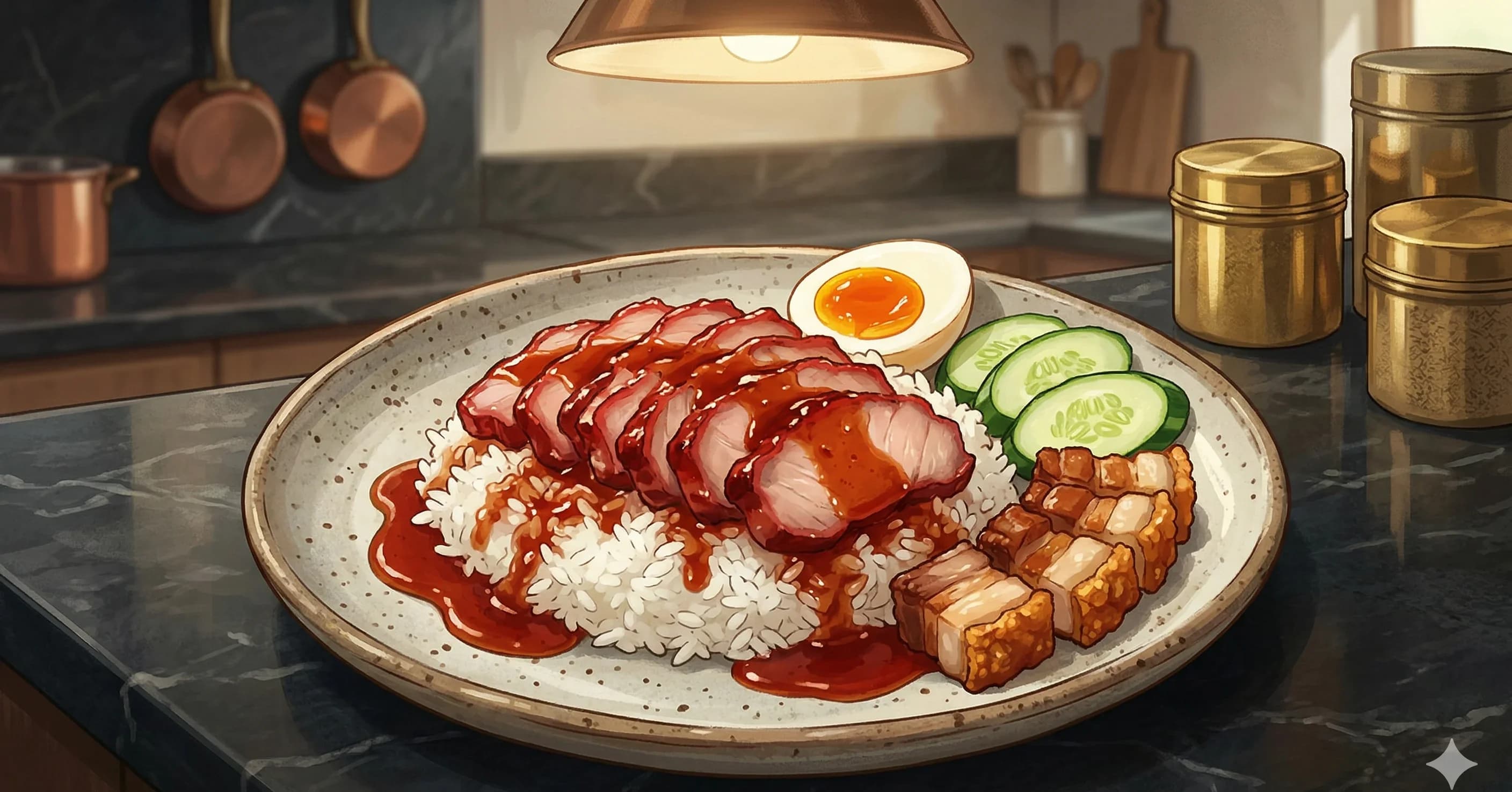 Red Pork on Rice (Khao Moo Daeng / ข้าวหมูแดง) — Thai red BBQ pork sliced over rice with a sweet red gravy, hard-boiled egg, and Chinese sausage