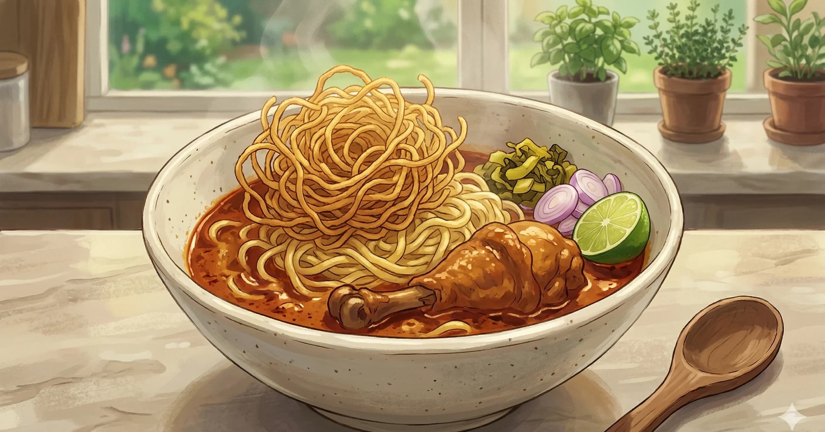 Khao Soi Gai (ข้าวซอย) — Sopa de fideos con curry de coco del norte de Tailandia con pollo, fideos fritos crujientes y encurtido de mostaza verde