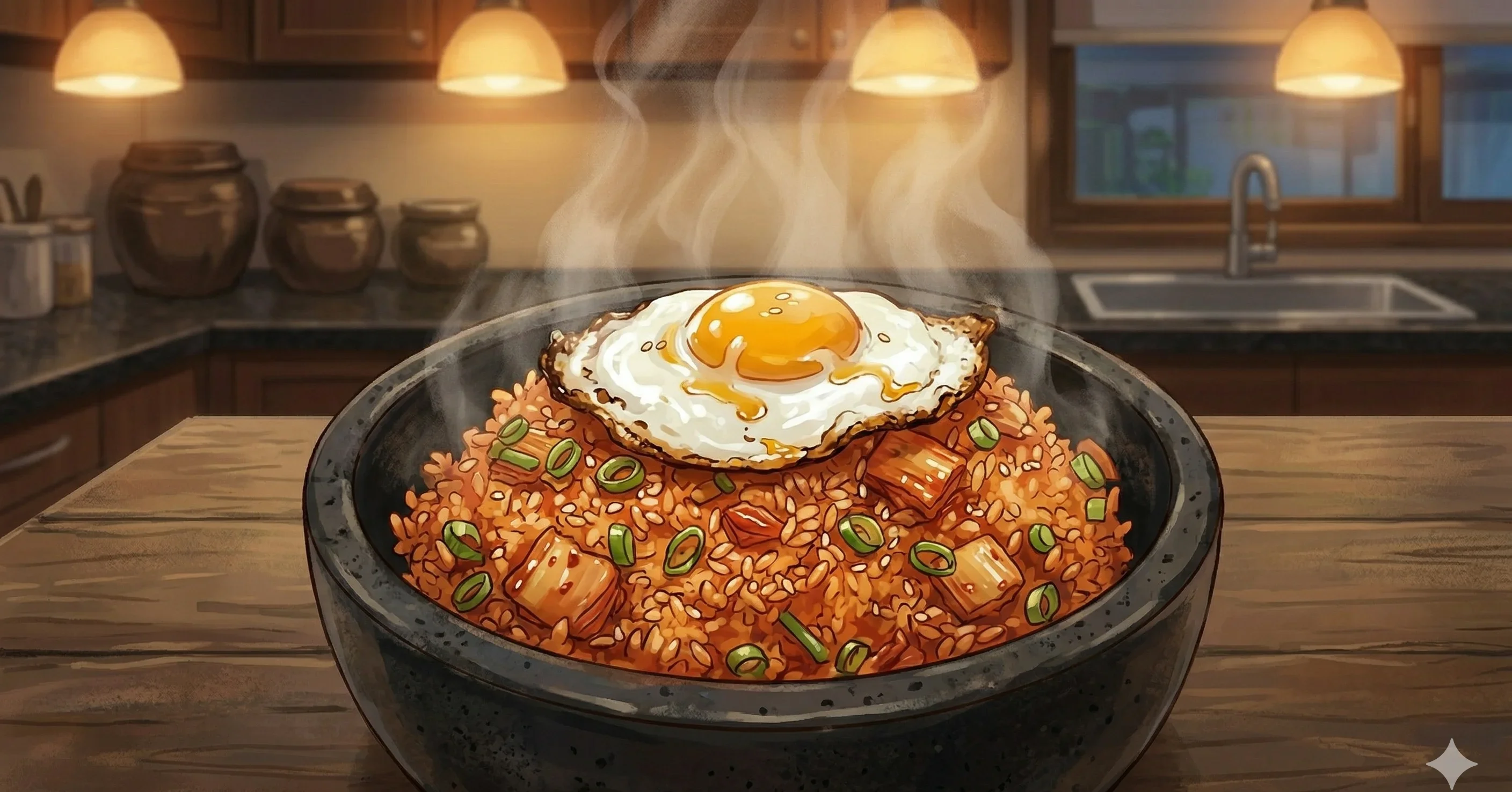 Kimchi Fried Rice (Kimchi Bokkeumbap / 김치볶음밥) — Fiery, tangy fried rice with well-fermented kimchi, sesame oil, and a runny fried egg on top
