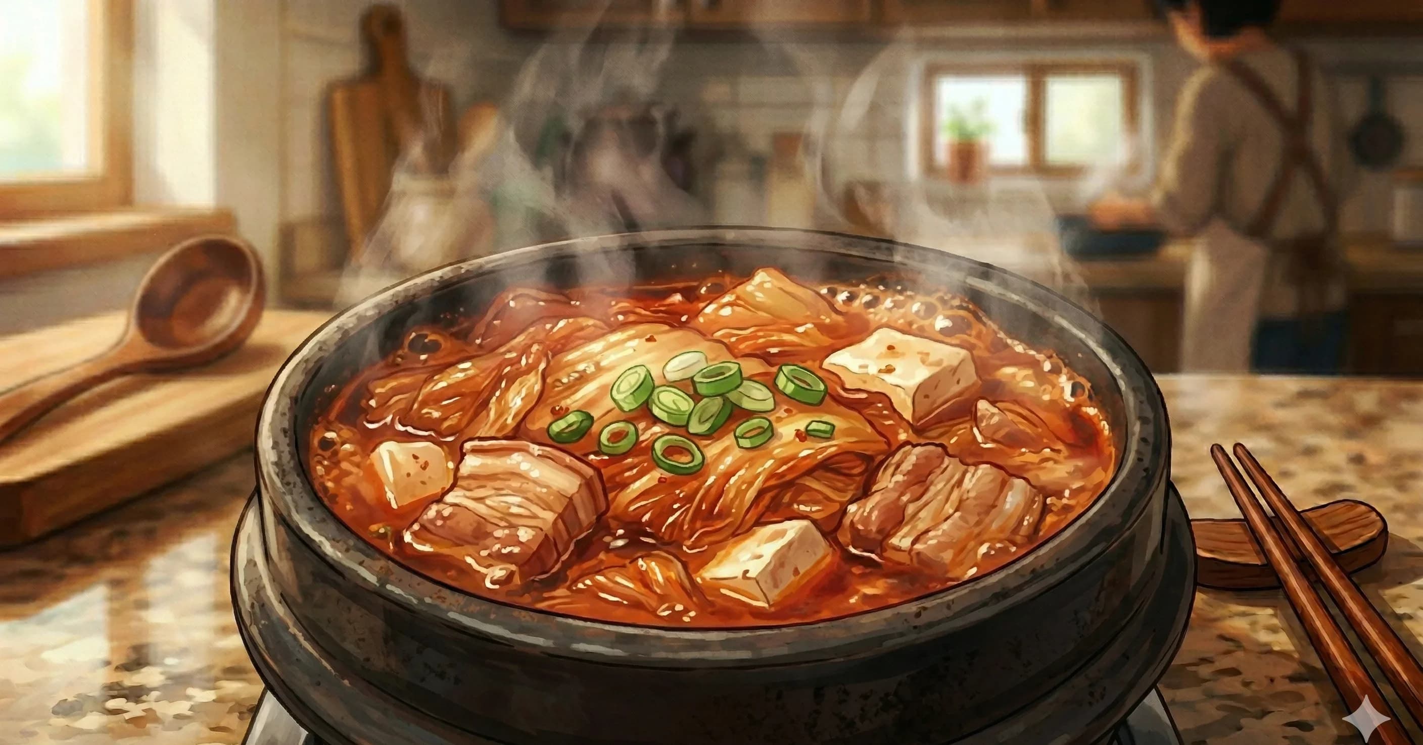 Kimchi Jjigae (Guiso de Kimchi) — Un guiso ácido y ardiente hecho con kimchi bien fermentado, panceta de cerdo y tofu que mejora con el tiempo