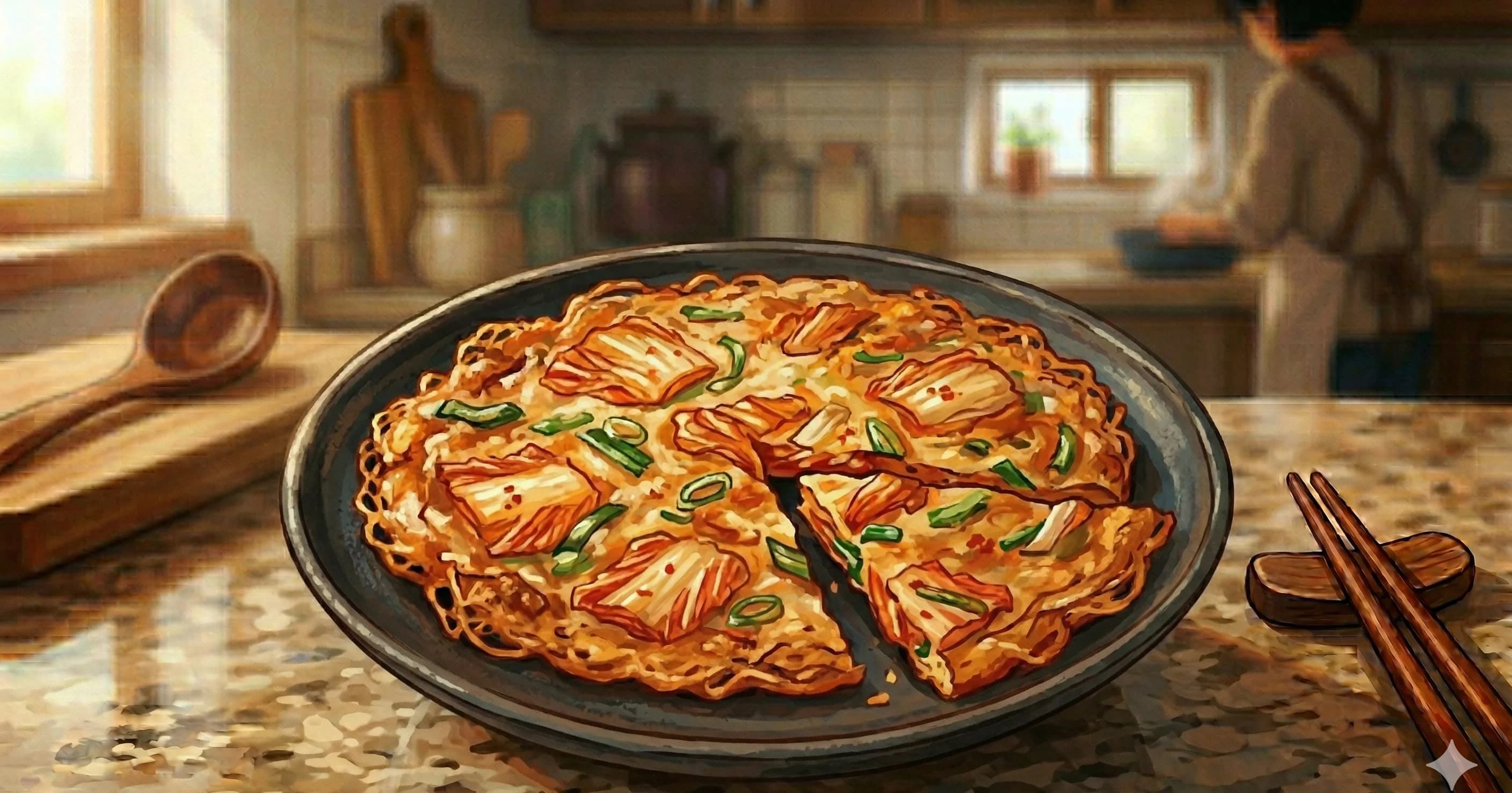 Kimchijeon (Kimchi Pancake) — A crispy, tangy pancake loaded with aged kimchi and bound by a thin, shattering batter