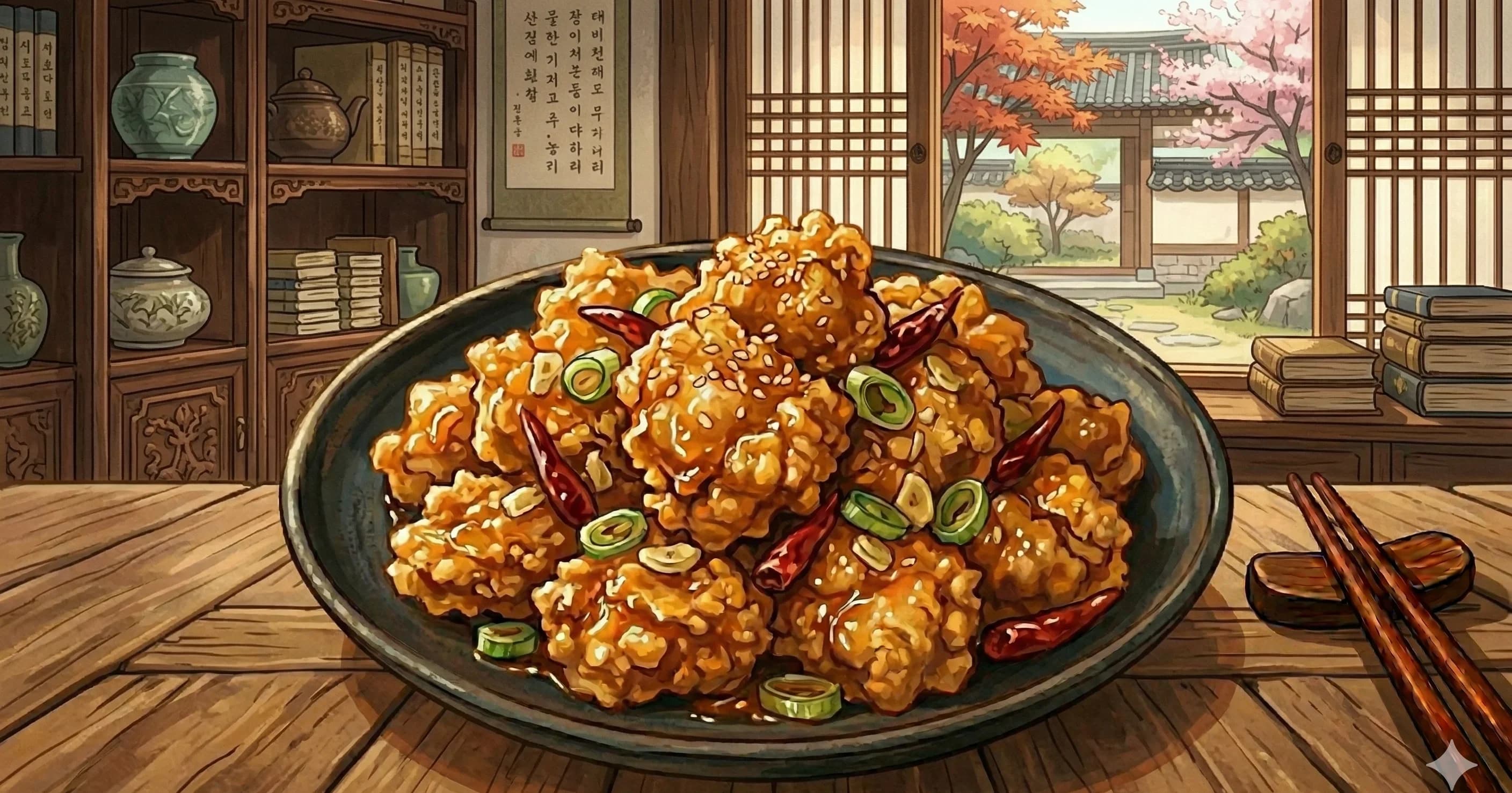 Kkanpunggi (깐풍기) — Double-fried crispy chicken tossed in a spicy garlic-leek oil with sweet and sour sauce, a Korean-Chinese classic