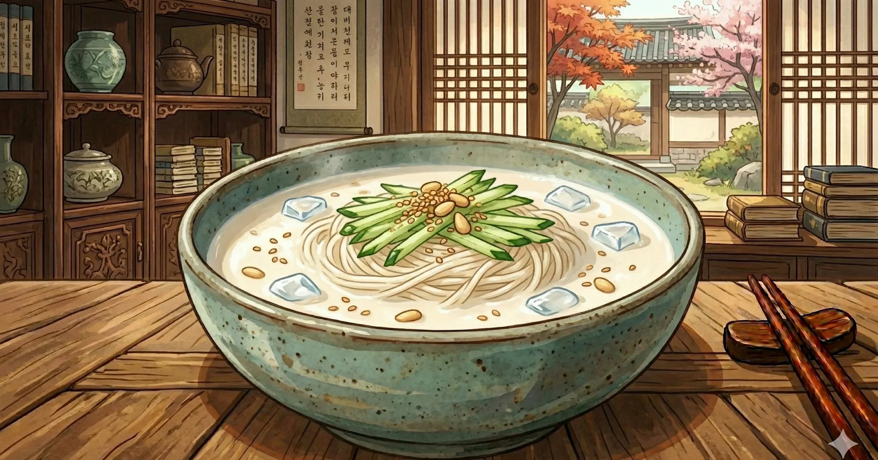 Kongguksu (Cold Soy Milk Noodle Soup) — Thin wheat noodles submerged in a silky, chilled soybean broth with a nutty sweetness