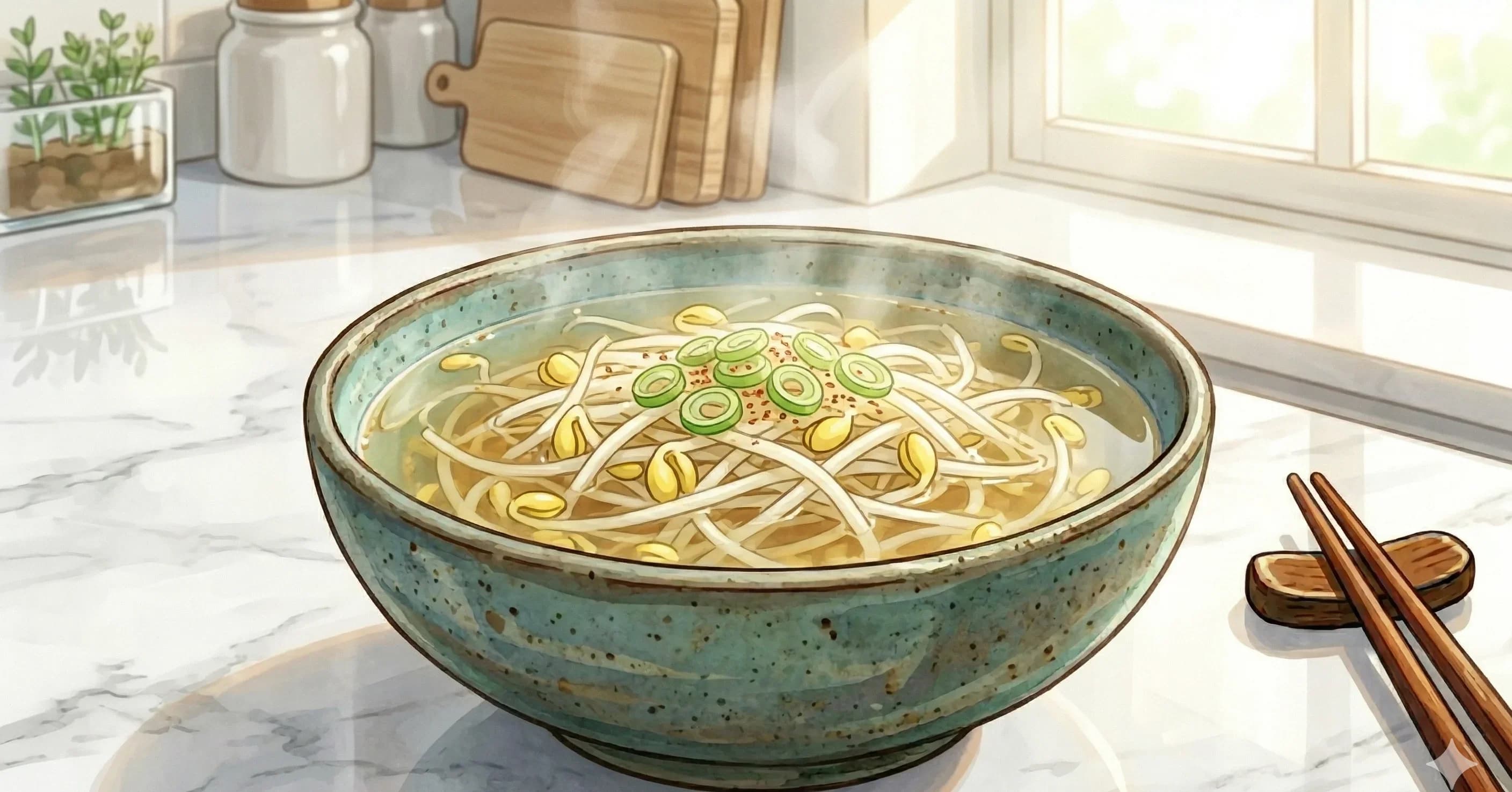 Kongnamul Guk (Soybean Sprout Soup) — A light, clean Korean soup of soybean sprouts in anchovy broth, ready in fifteen minutes
