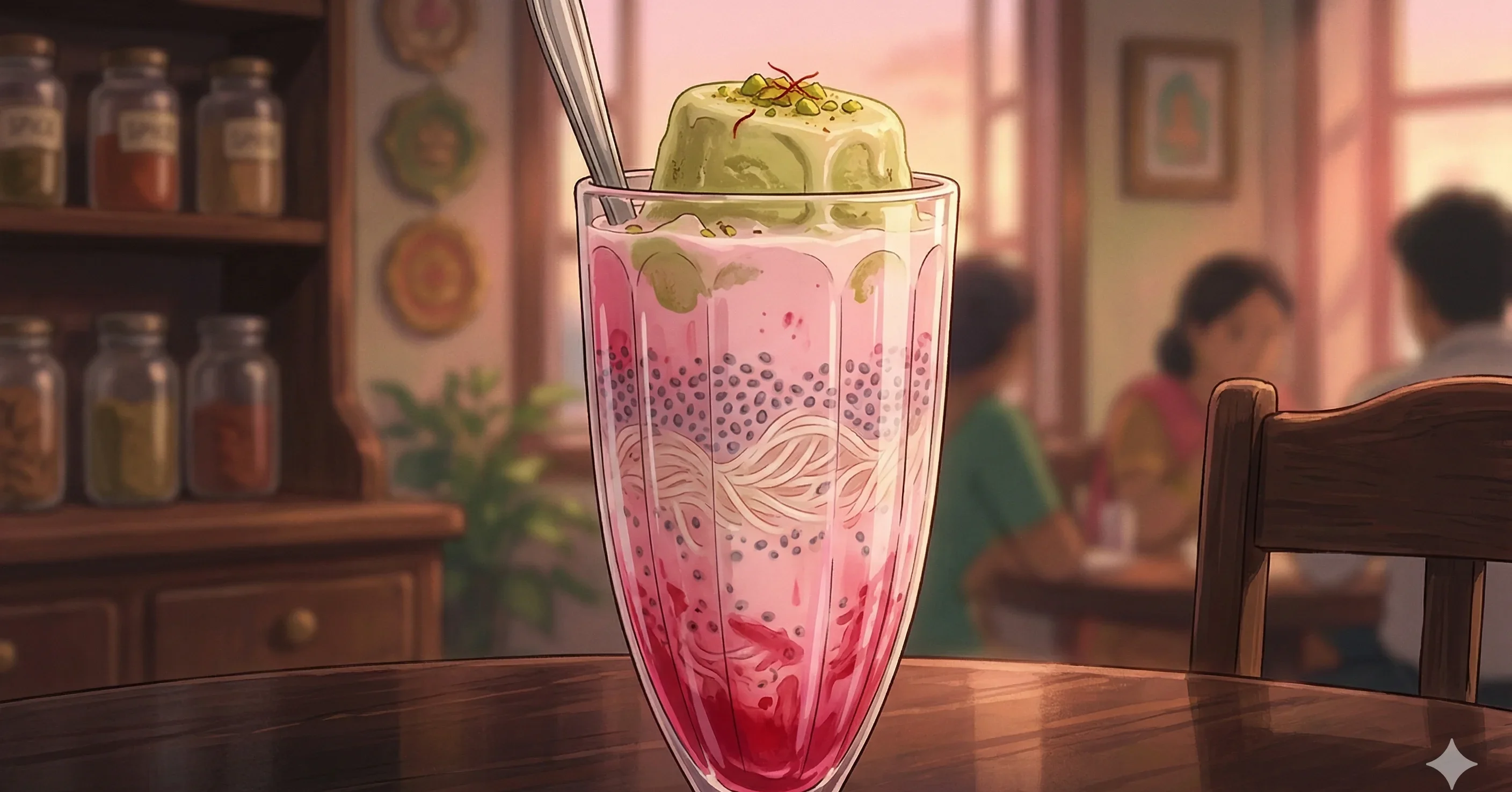 Kulfi Falooda — Mughal Frozen Kulfi with Rose Noodles and Basil Seeds