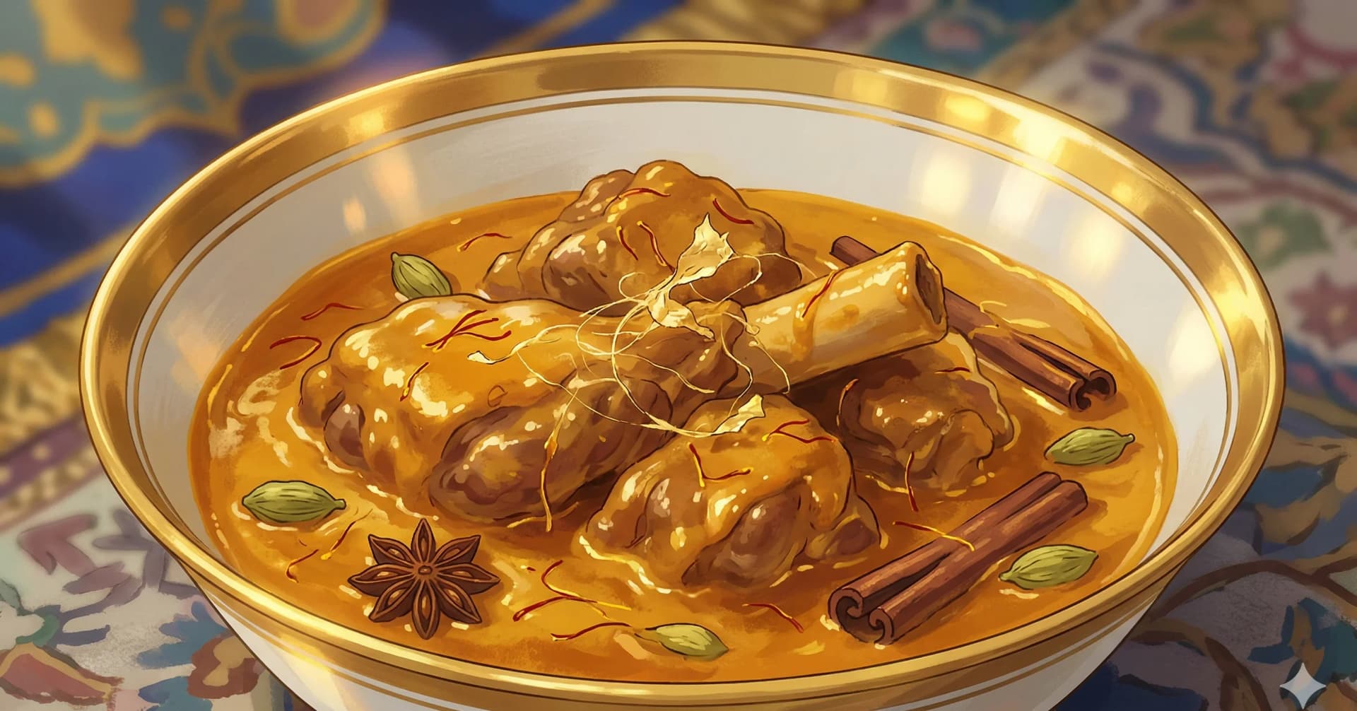 Kundan Kaliyan (Flores de Oro — Carnero en Salsa de Azafrán con Pan de Oro) — Flores doradas awadhi — carnero en salsa de azafrán colada, vestido con oro comestible