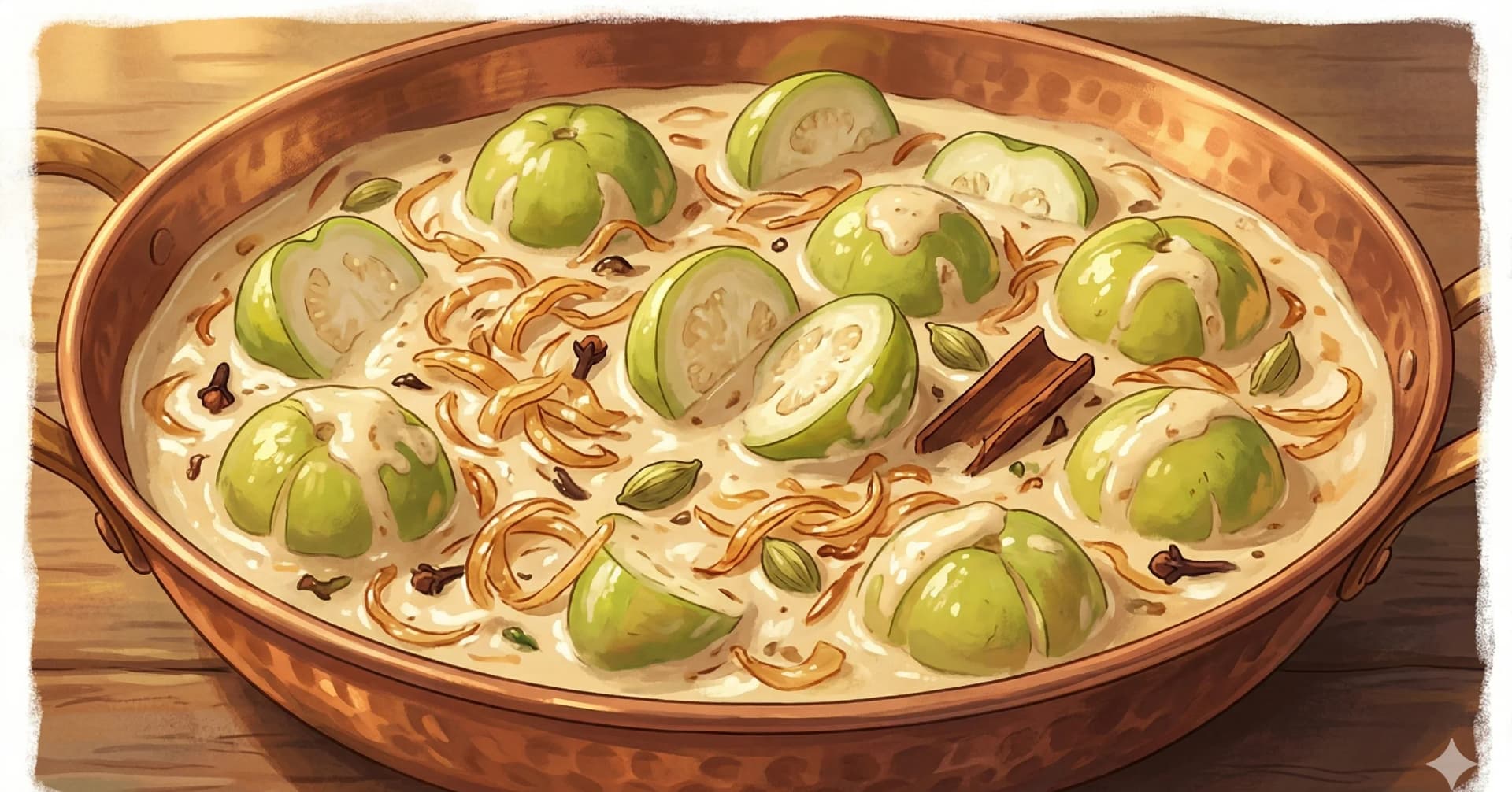 Slow-Baked Squash (Lagan Ka Tinda) — Baby apple gourds marinated in yogurt and brown onion, slow-cooked in a sealed lagan