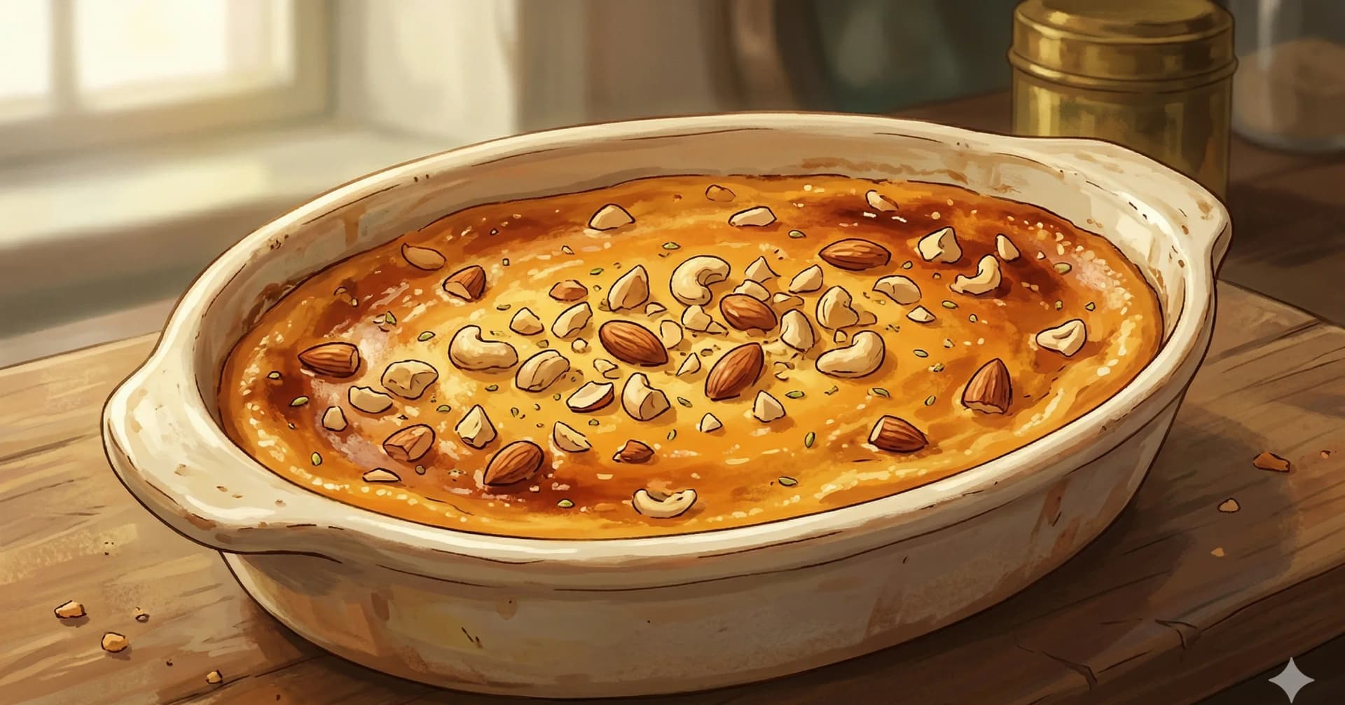 Flan Parsi de Cardamomo (Laganu Custer) — Un custard parsi horneado de pan y khoya, especiado con cardamomo, macis y agua de rosas