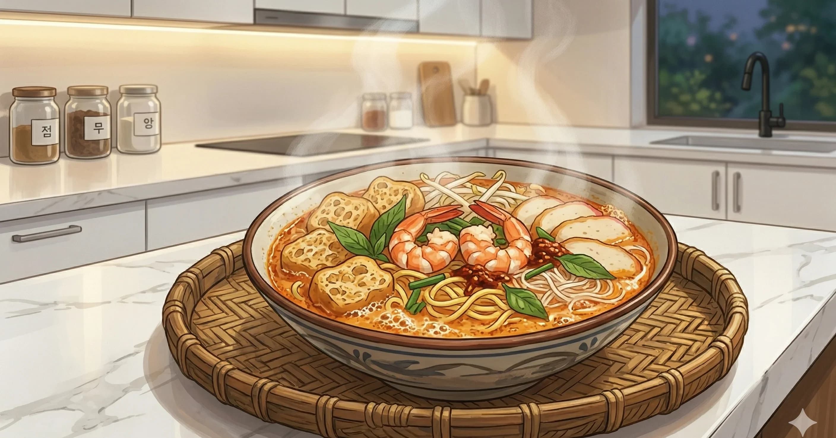 Curry Laksa — Sopa picante de fideos con leche de coco, camarones, tofu frito y fideos de arroz