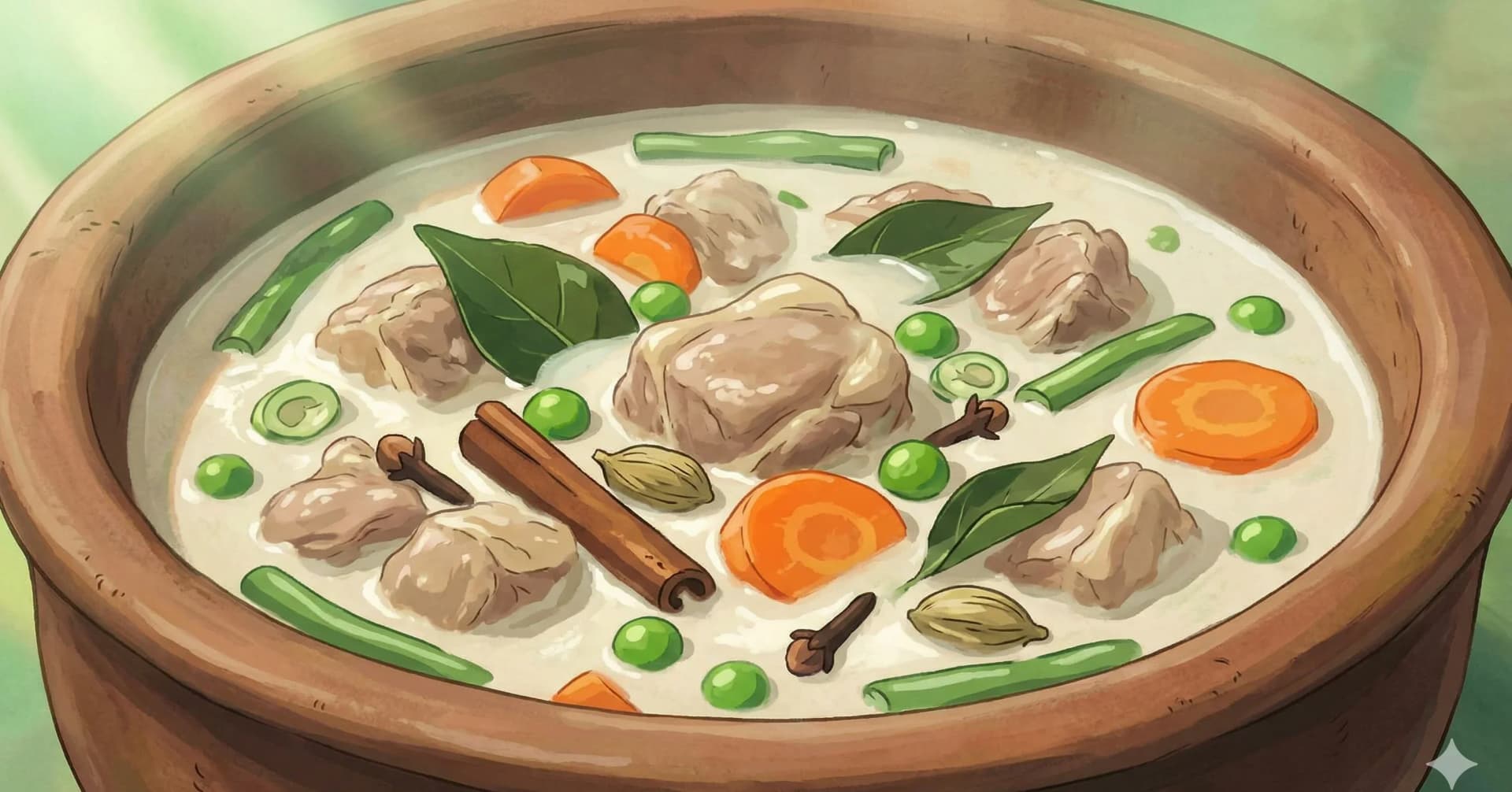 Lamb Ishtu — Guisado de cordero en leche de coco — Suave guisado de cordero en leche de coco de Kerala — perfumado con especias enteras, verduras y julianas de jengibre, de la mesa cristiana siria