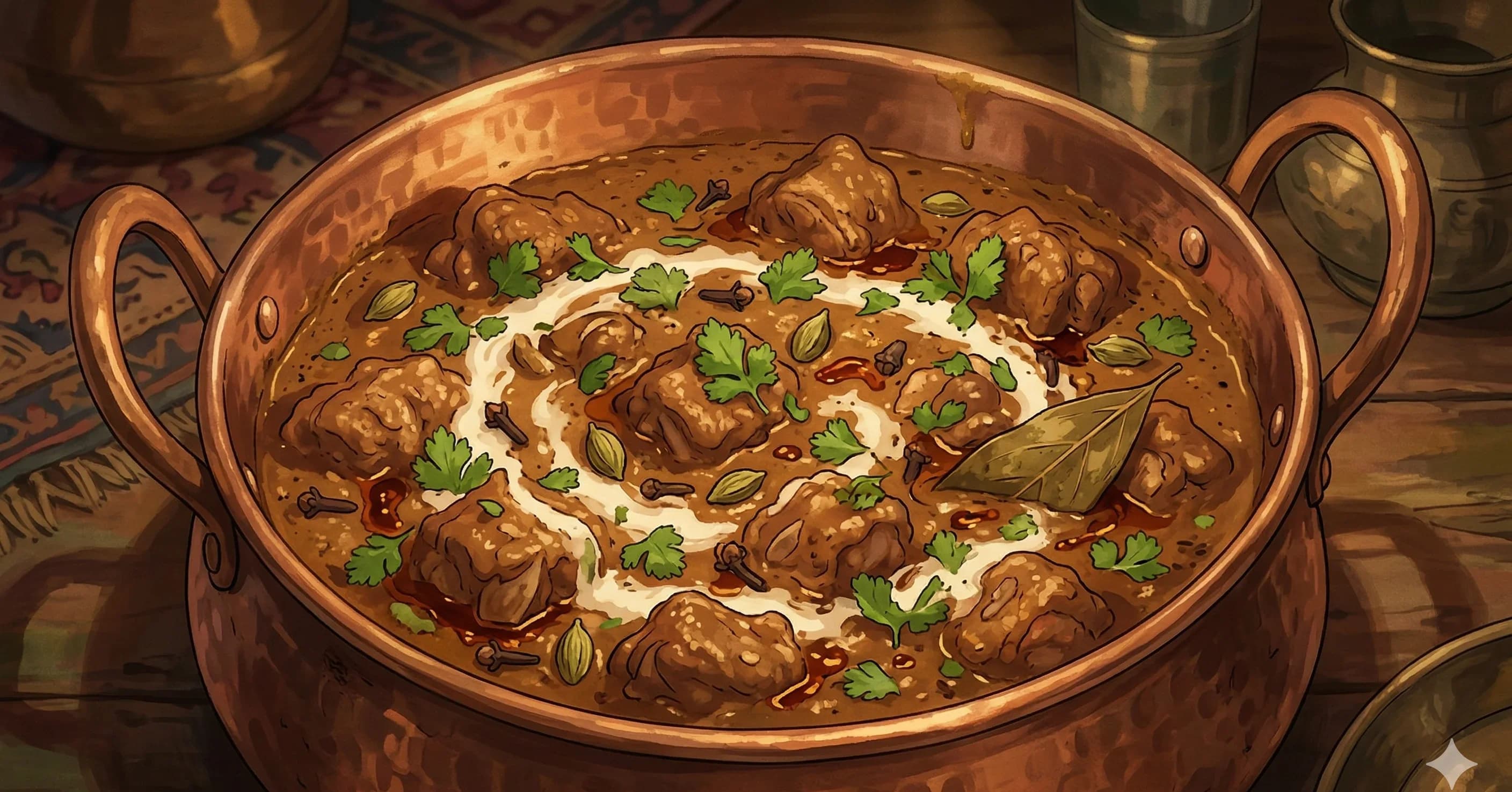 Lehm e Murgan — Awadhi lamb in a rich paste of fried nuts, coconut, and poppy seeds, finished with kewra