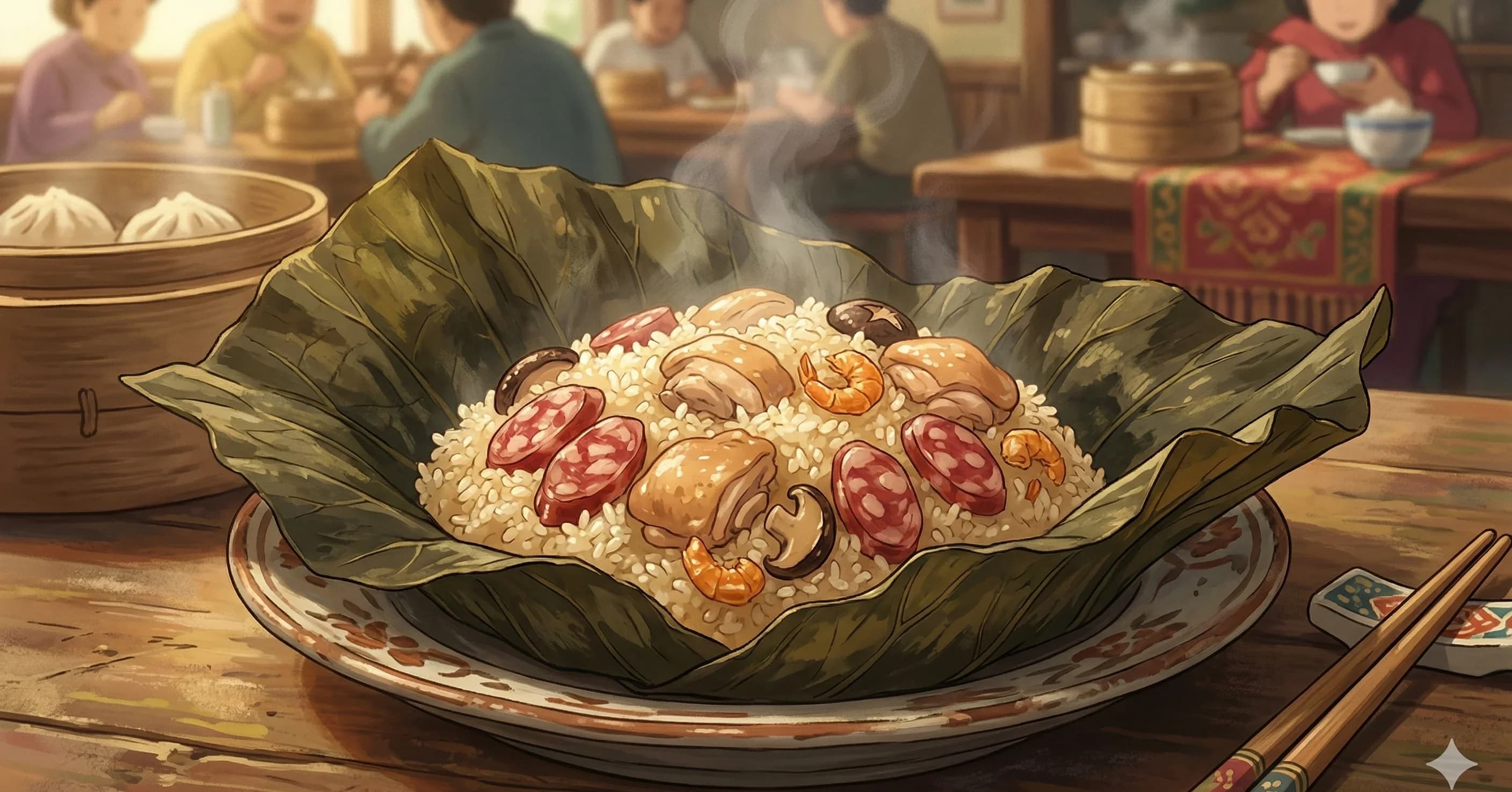 Lo Mai Gai (Lotus Leaf Sticky Rice) — Steamed parcels of seasoned glutinous rice with chicken, Chinese sausage, and shiitake mushrooms wrapped in fragrant lotus leaves