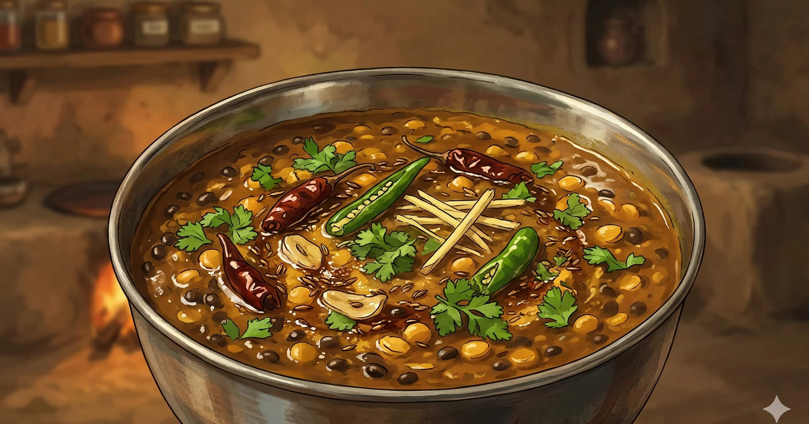 Maa Chana Dal — Slow-cooked split black lentils and chickpea dal with a fried onion-tomato masala