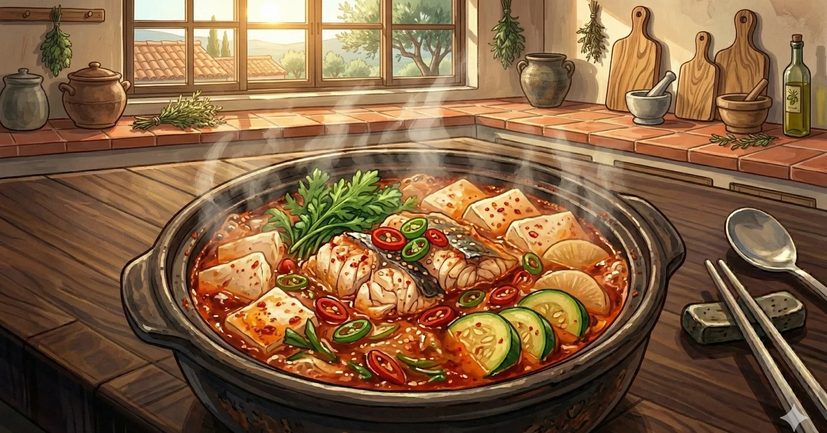 Maeuntang (매운탕) — Korean spicy fish stew with flaky white fish, radish, and chrysanthemum greens in a gochugaru-doenjang broth