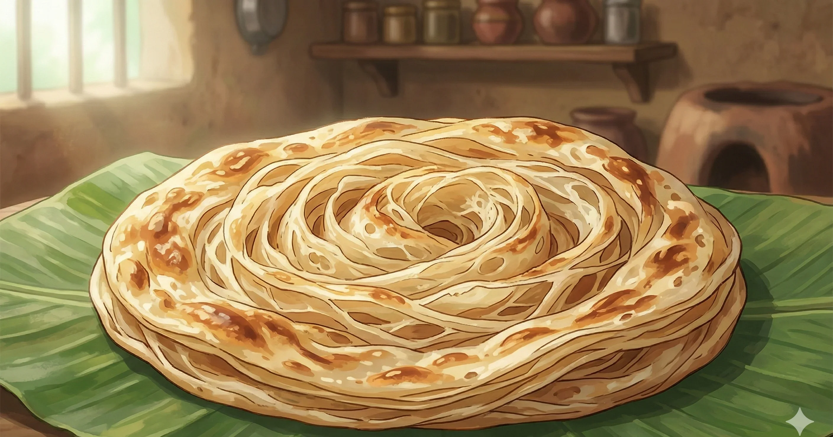 Malabar Paratha — North Kerala's flaky, coiled flatbread — thin oiled dough strips wound into layers, pressed open on the griddle with ghee